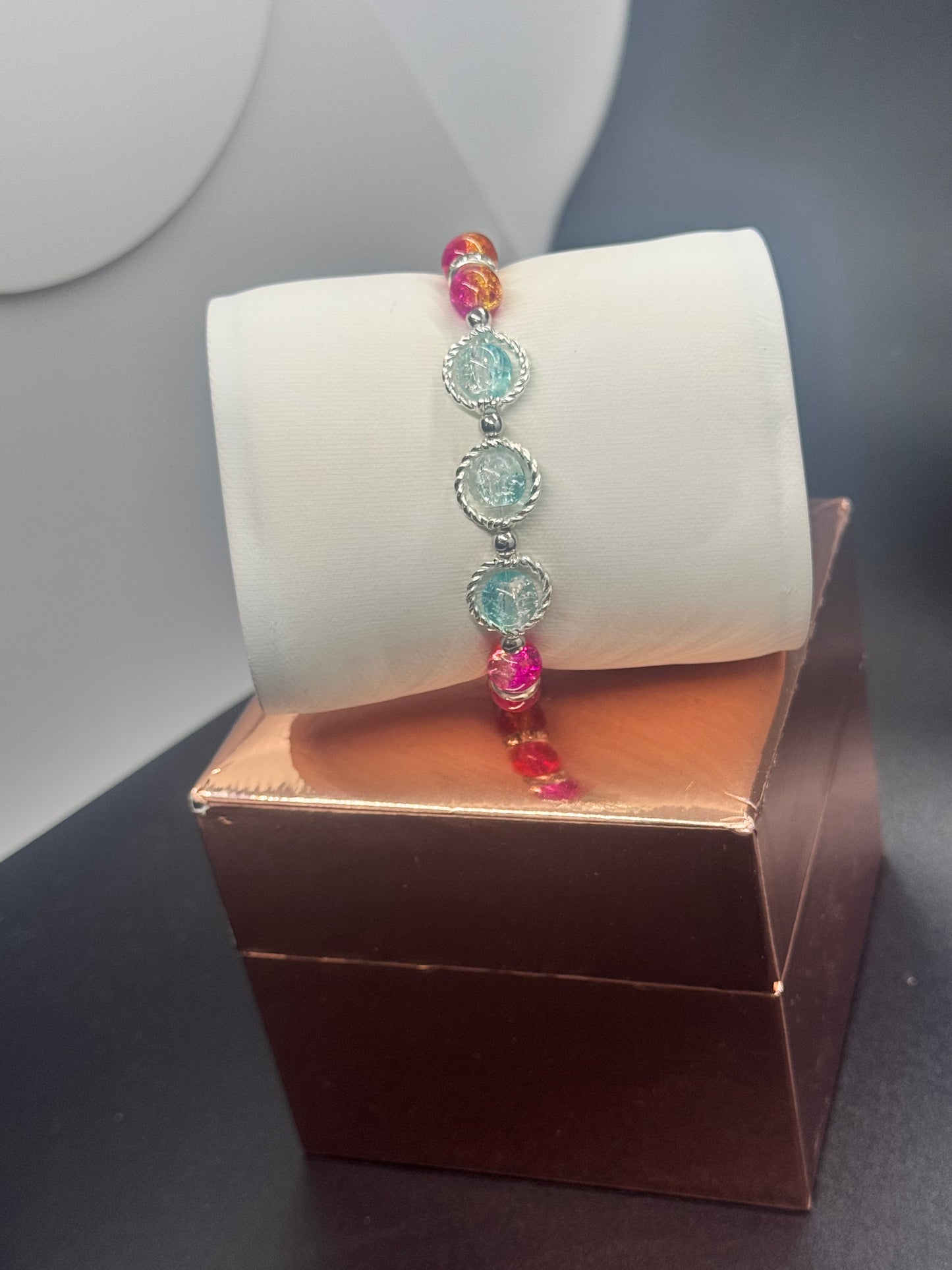 Fancy Bead Bracelet #121 – Pink, Orange & Blue Crackle Beads
