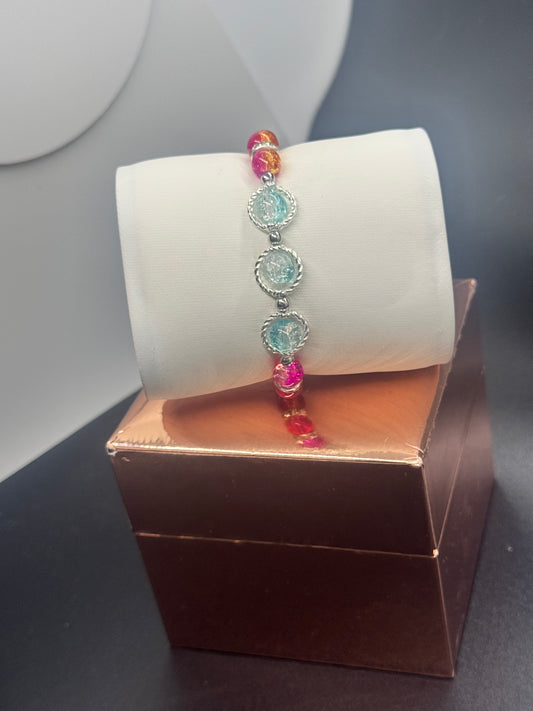 Fancy Bead Bracelet #121 – Pink, Orange & Blue Crackle Beads