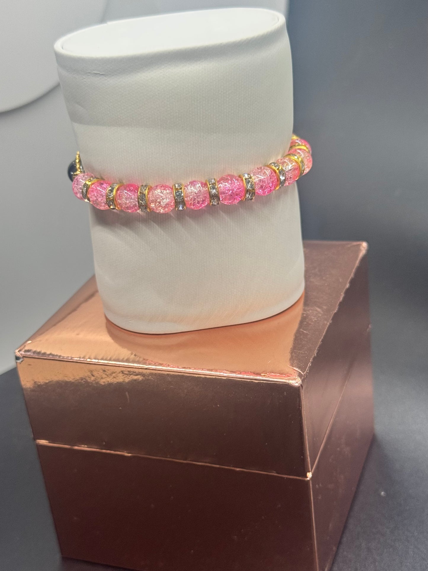 Fancy Bead Bracelet #117 – Pink, Black & Clear Crackle Beads