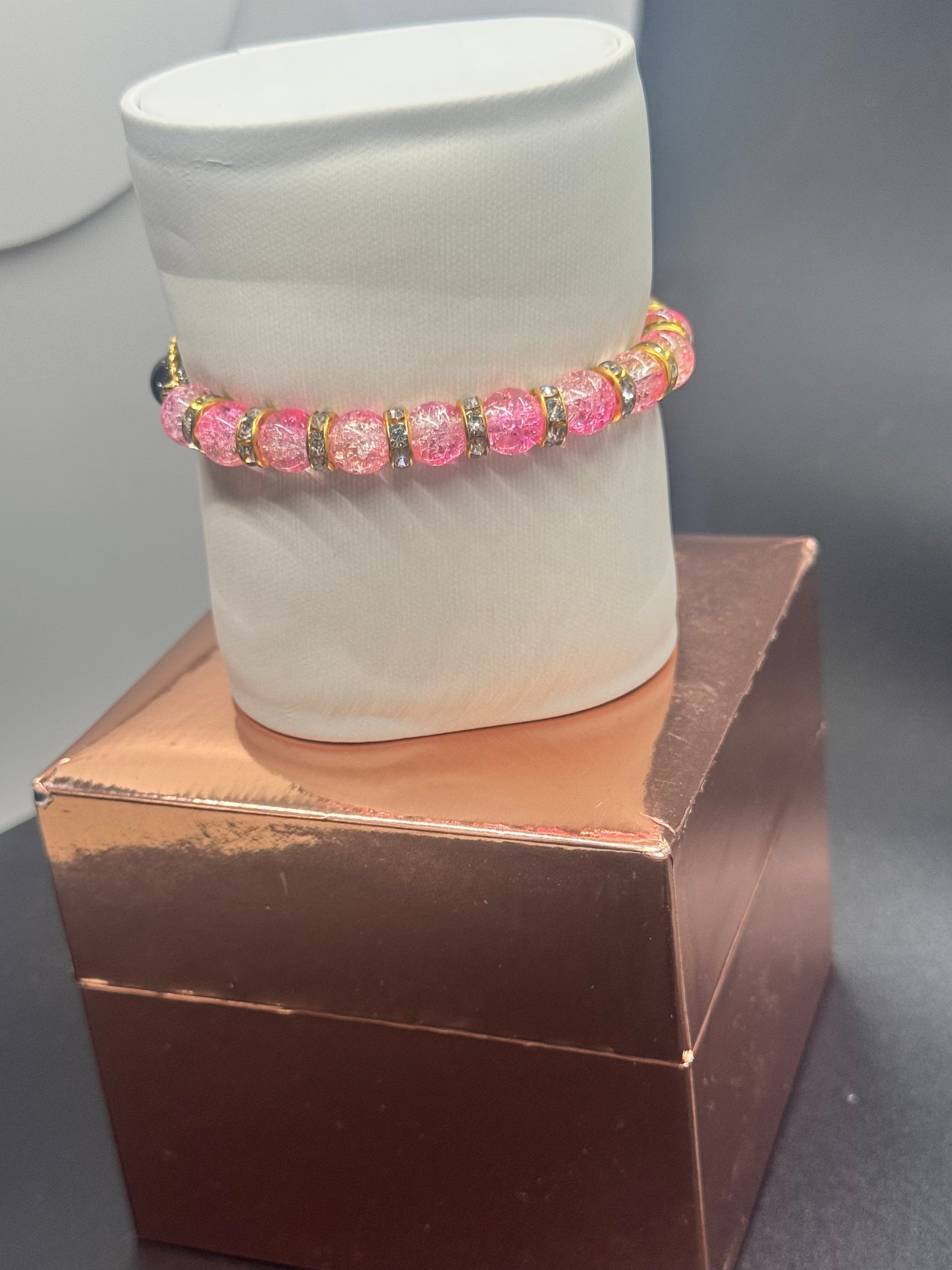 Fancy Bead Bracelet #117 – Pink, Black & Clear Crackle Beads