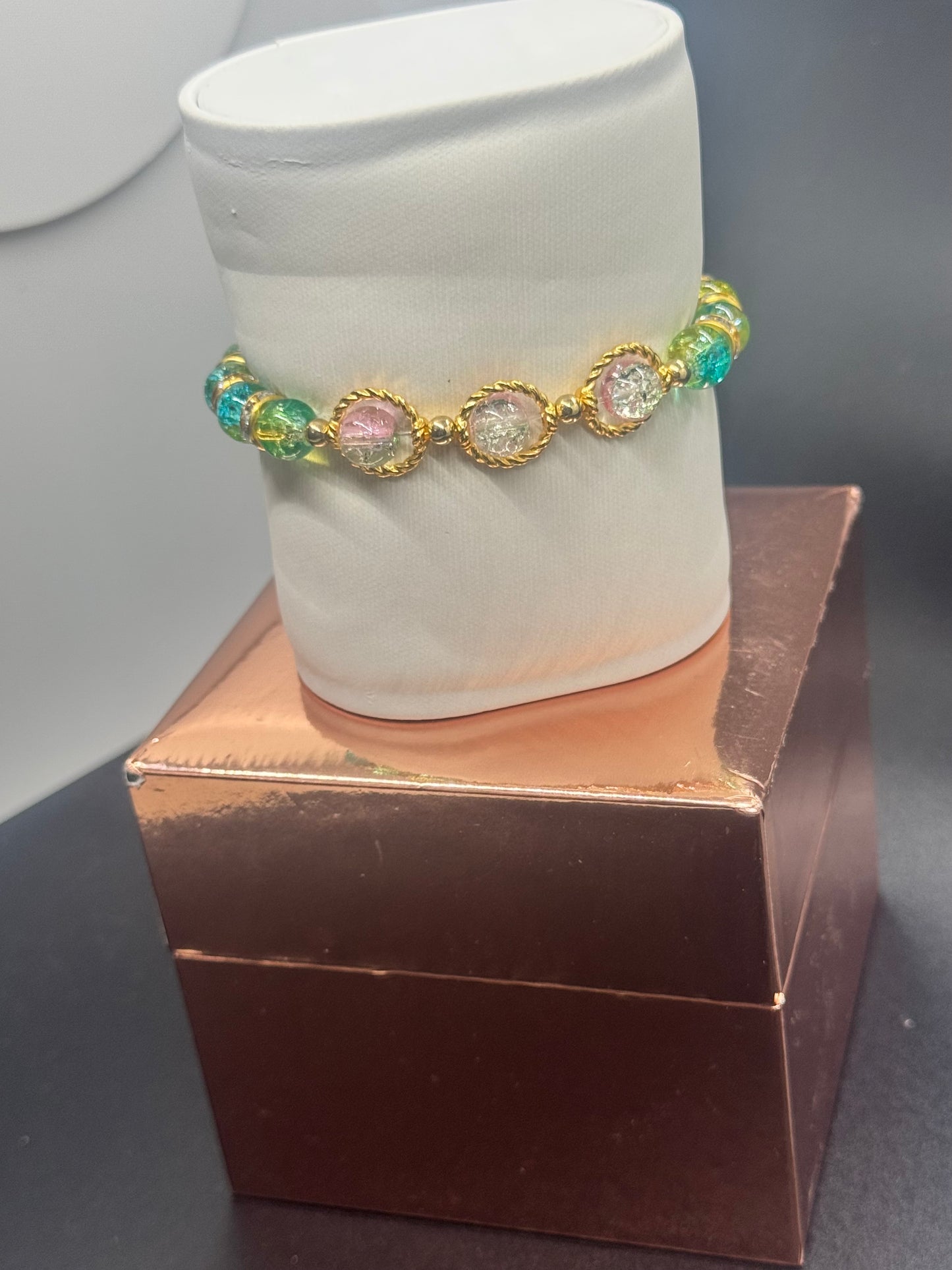 Fancy Bead Bracelet #115 – Blue, Yellow & Pink Crackle Beads