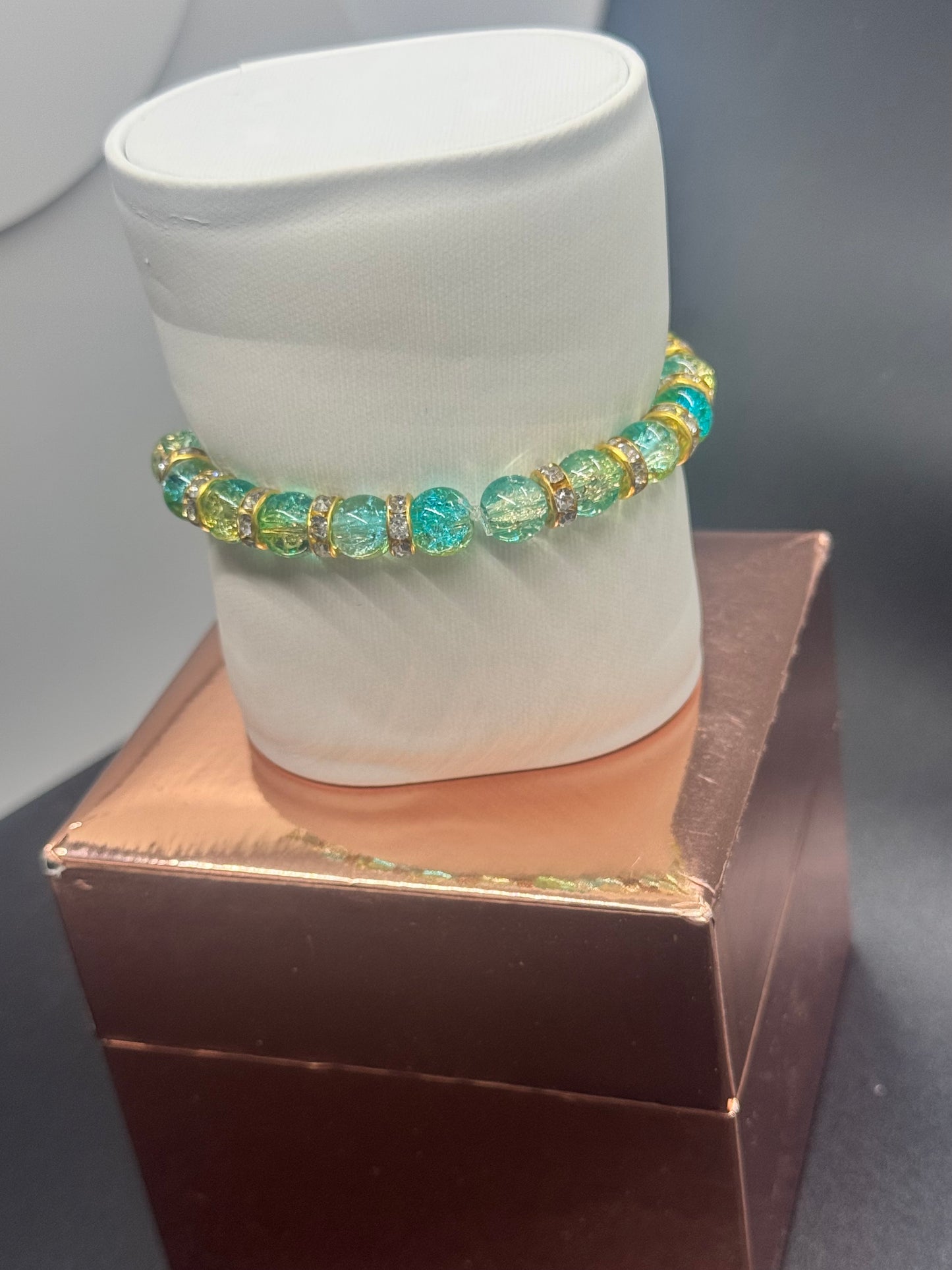Fancy Bead Bracelet #115 – Blue, Yellow & Pink Crackle Beads