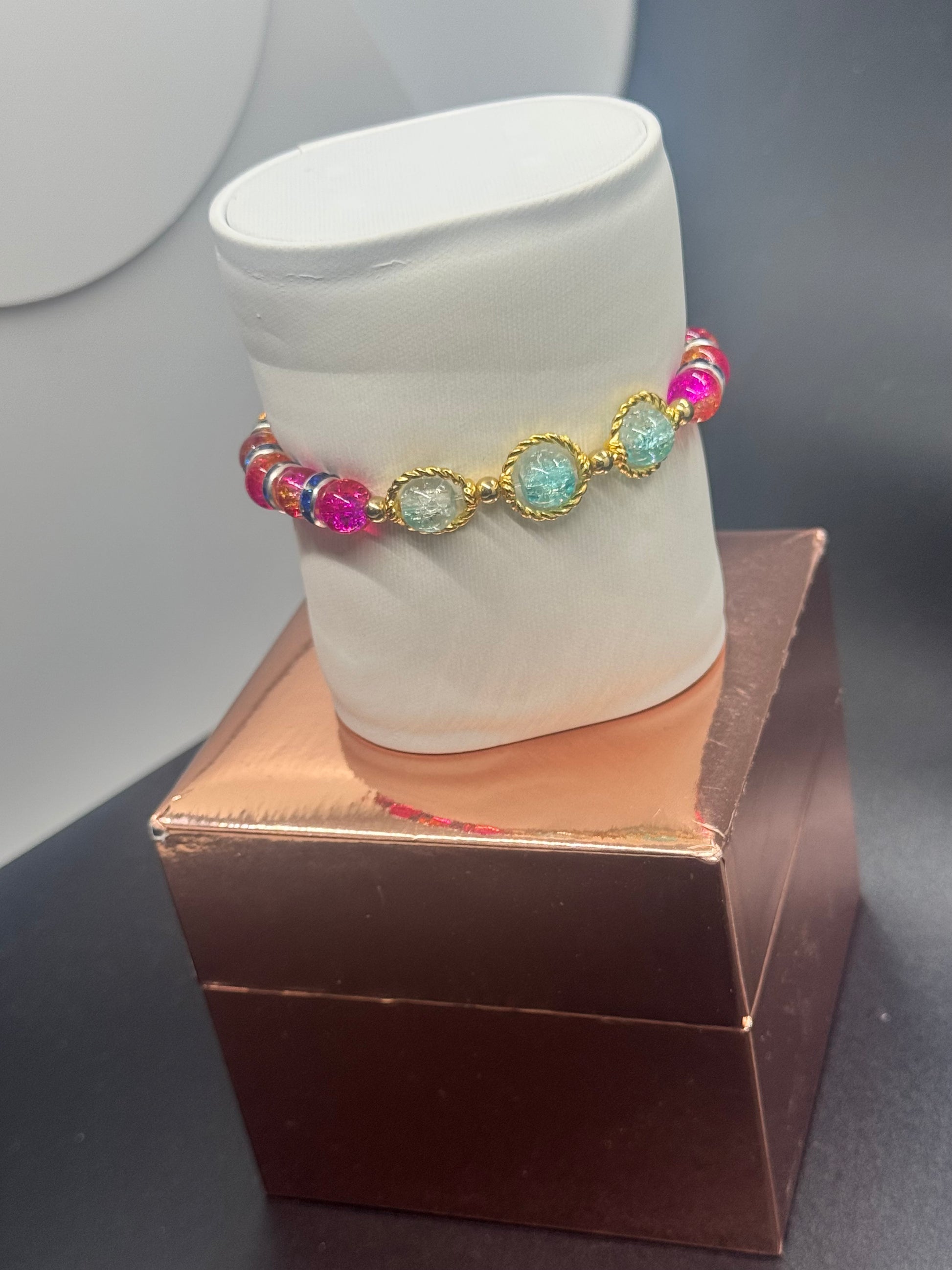 Fancy Bead Bracelet #114 – Pink, Orange & Blue Crackle Beads