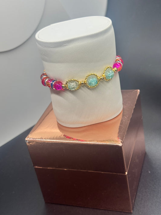 Fancy Bead Bracelet #114 – Pink, Orange & Blue Crackle Beads