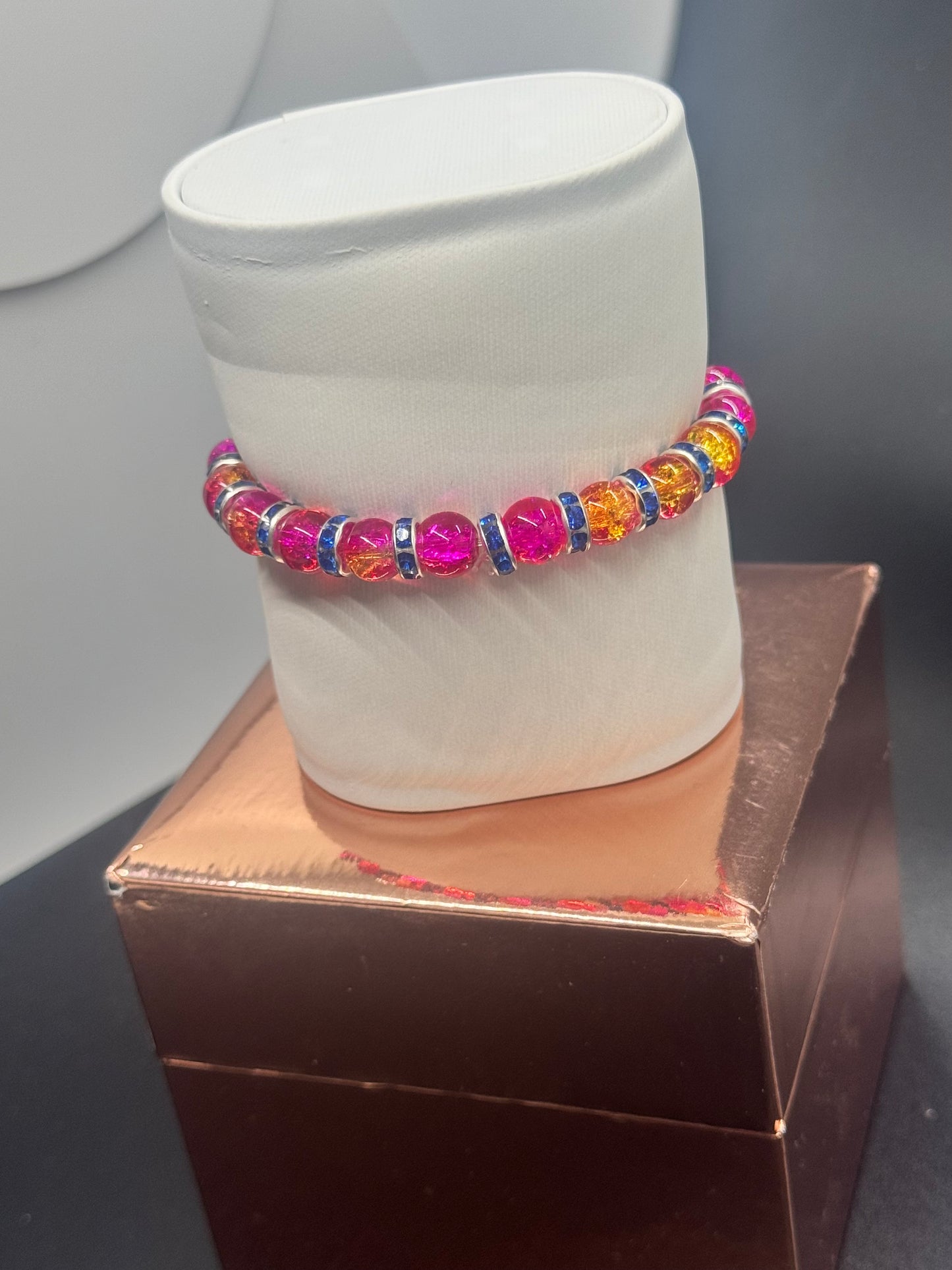 Fancy Bead Bracelet #114 – Pink, Orange & Blue Crackle Beads