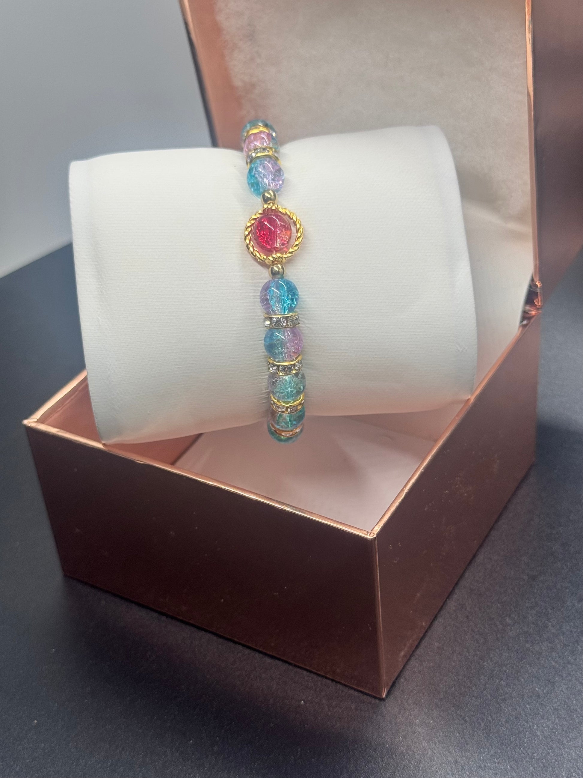 Beaded Bracelet #102 – Blue, Pink & Clear Crackle Beads