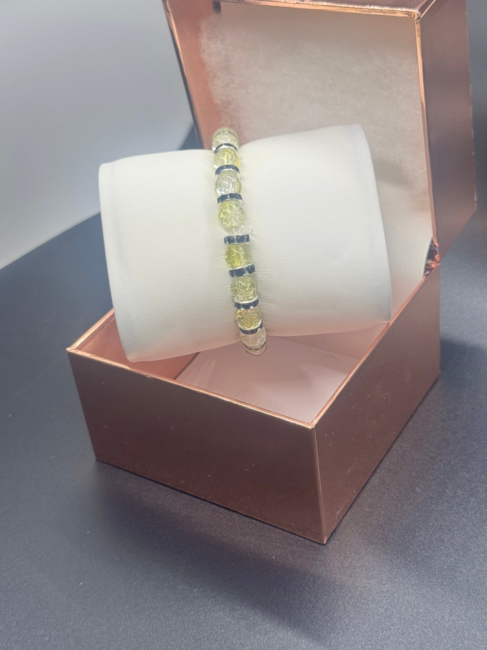 Fancy Bead Bracelet #111 – Yellow, Blue & Pink Crackle Beads