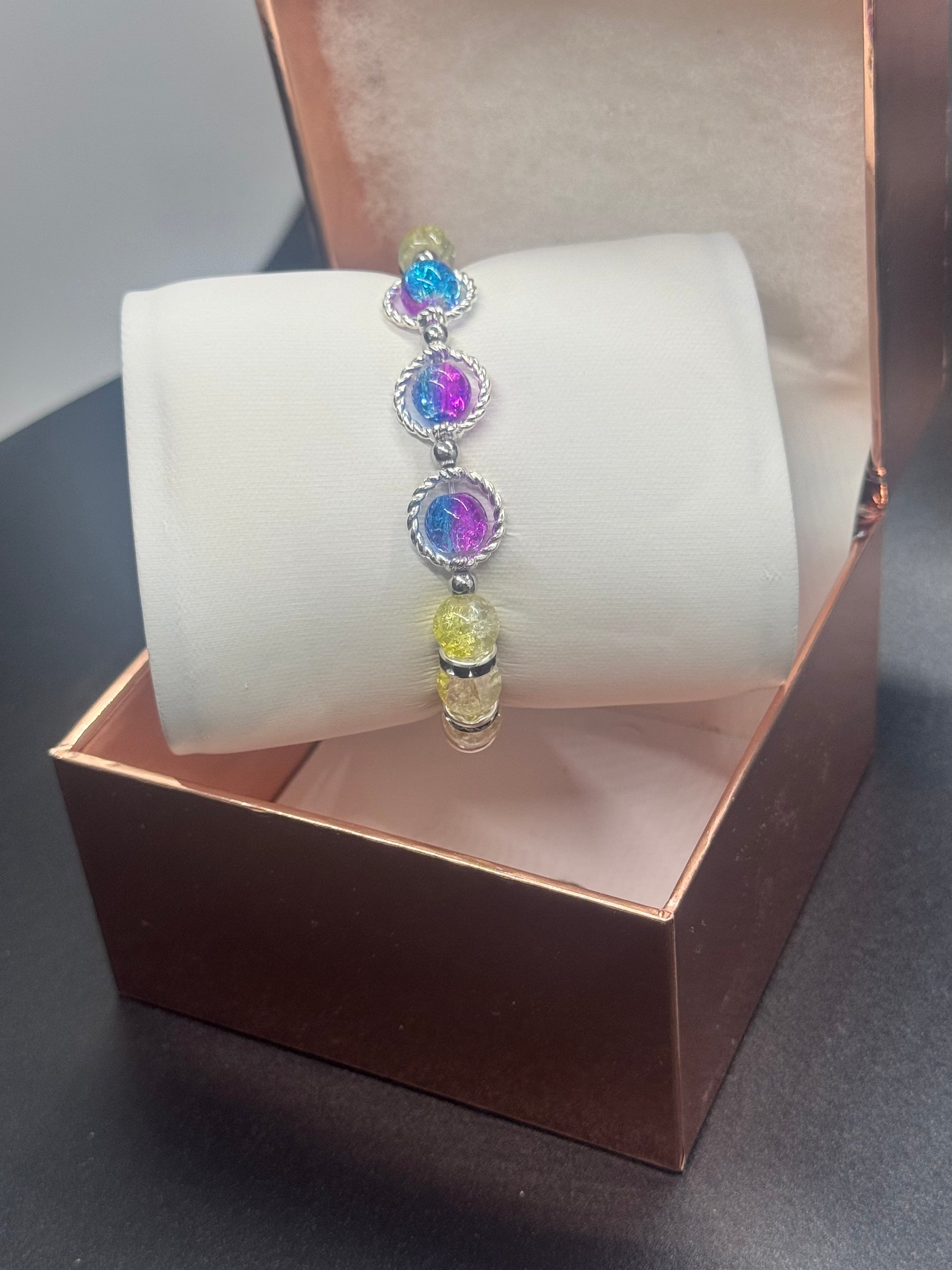 Fancy Bead Bracelet #111 – Yellow, Blue & Pink Crackle Beads