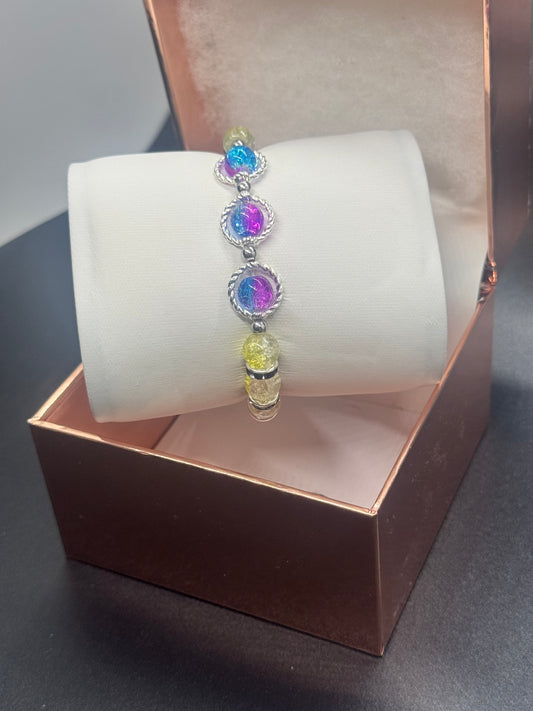 Fancy Bead Bracelet #111 – Yellow, Blue & Pink Crackle Beads