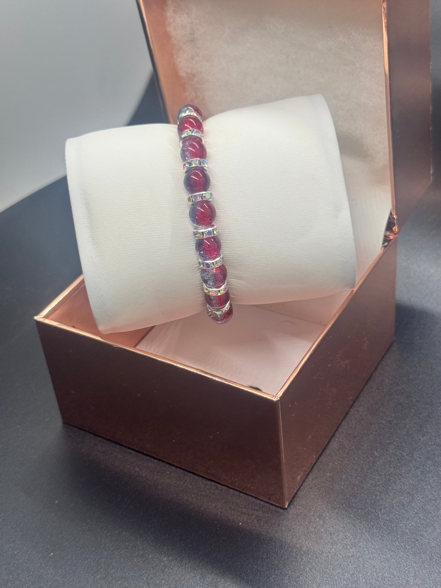 Fancy Bead Bracelet #112 – Red, Blue & Yellow Crackle Beads