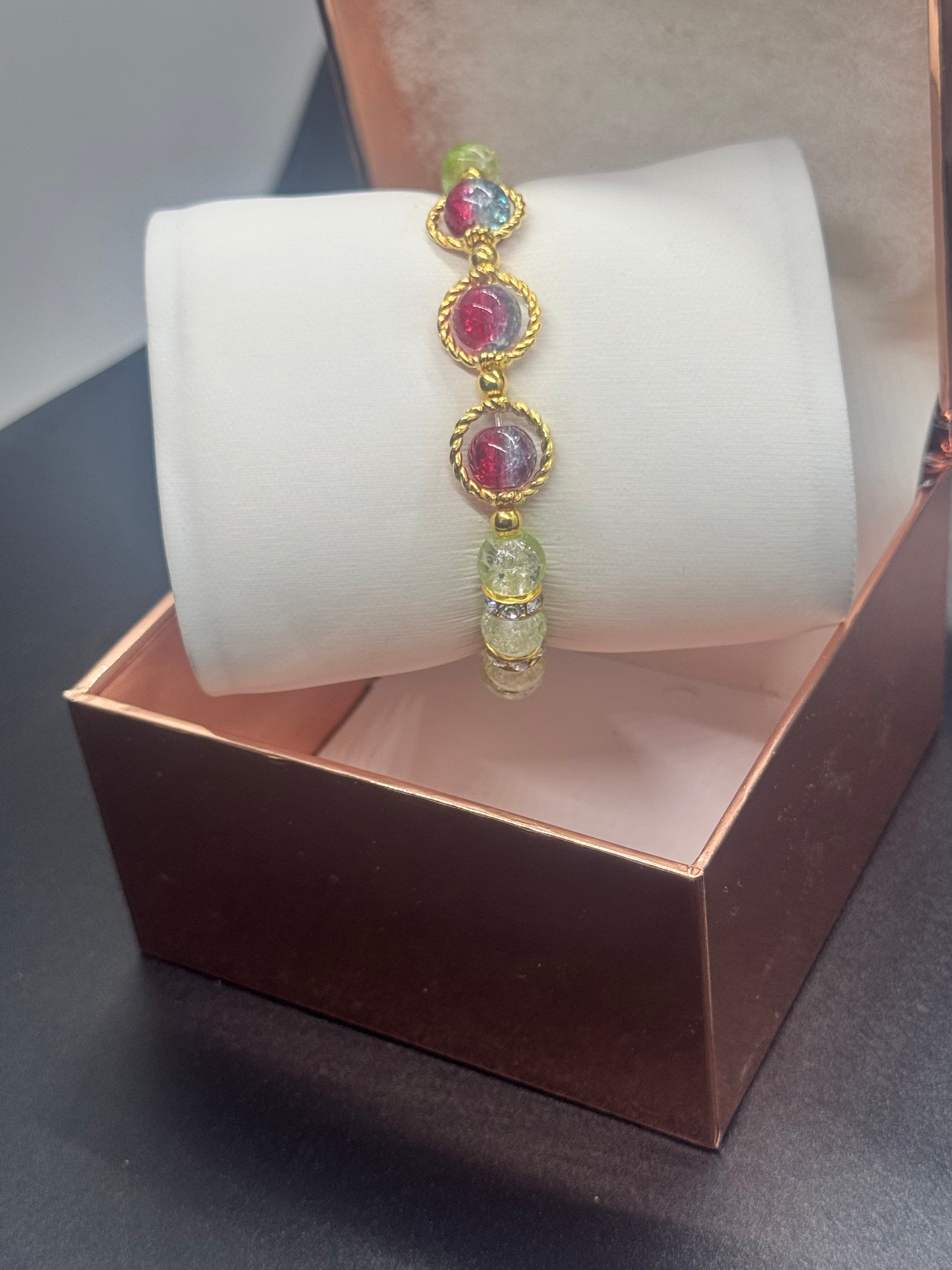 Fancy Bead Bracelet #113 – Green, Red & Blue Crackle Beads
