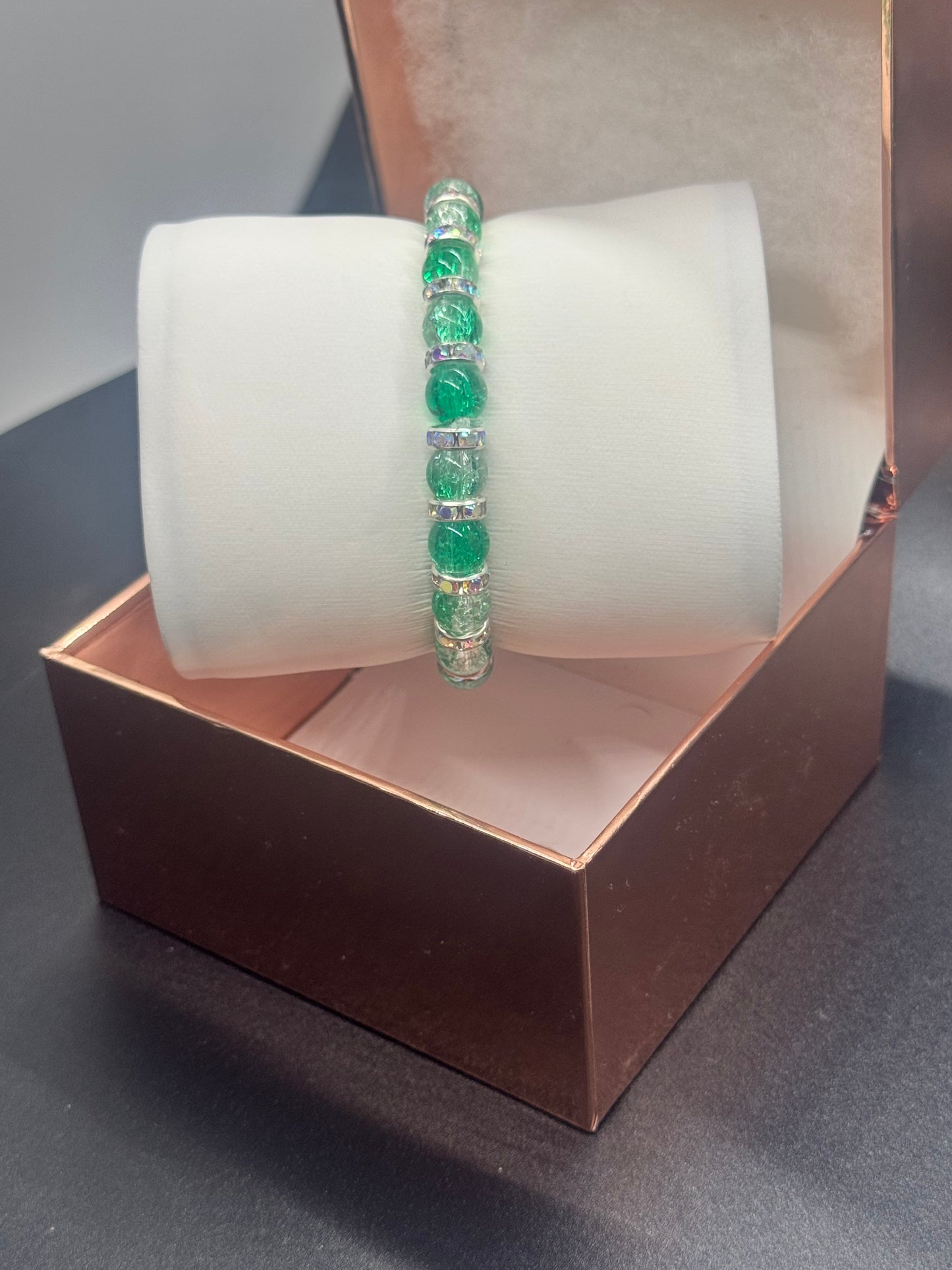 Fancy Bead Bracelet #104 – Dark Green & Pink Crackle Beads