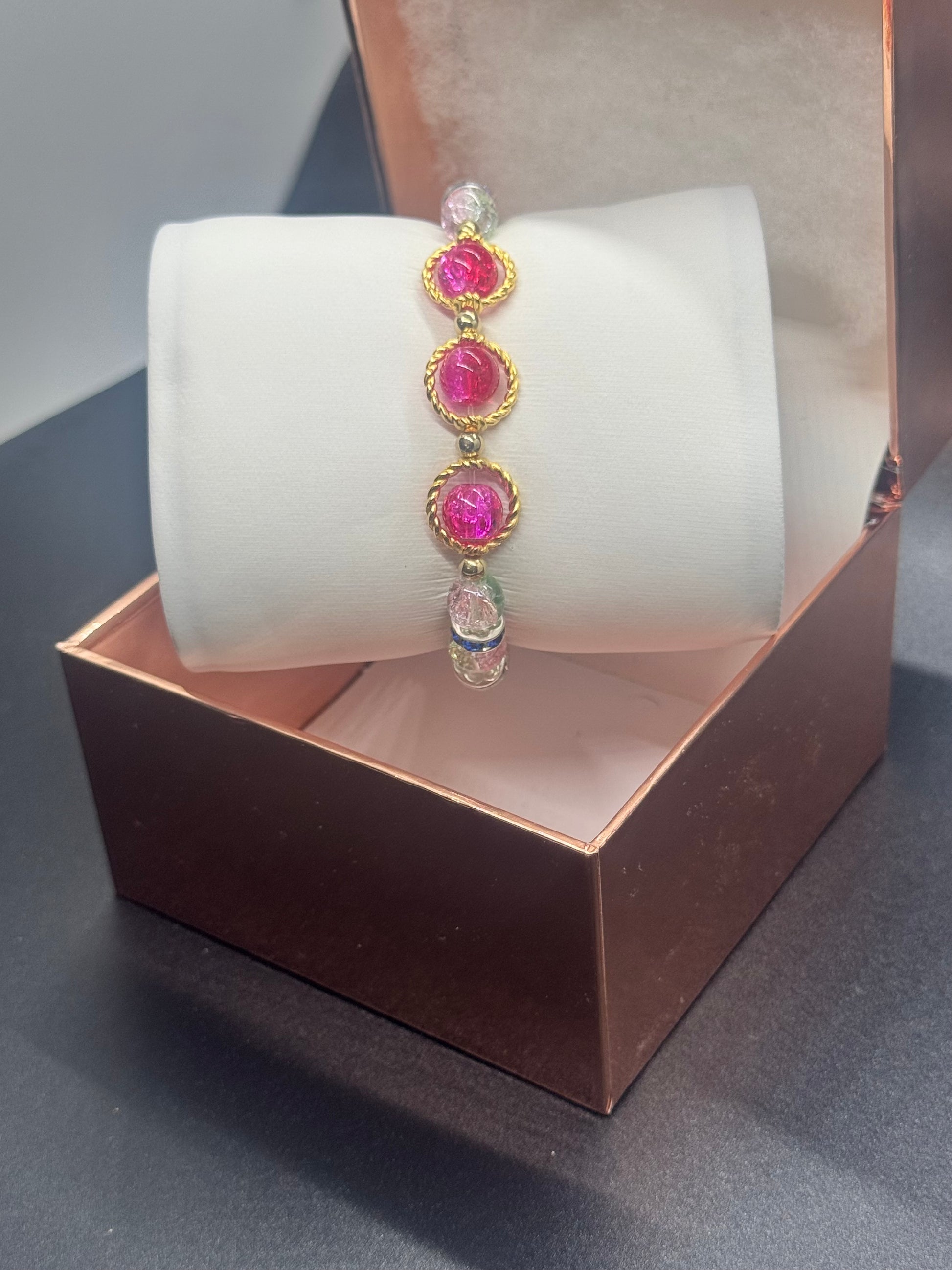 Fancy Bead Bracelet #135 – Pink, Green & Clear Crackle Beads with Crystal Spacers
