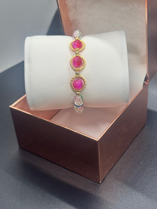 Fancy Bead Bracelet #135 – Pink, Green & Clear Crackle Beads with Crystal Spacers