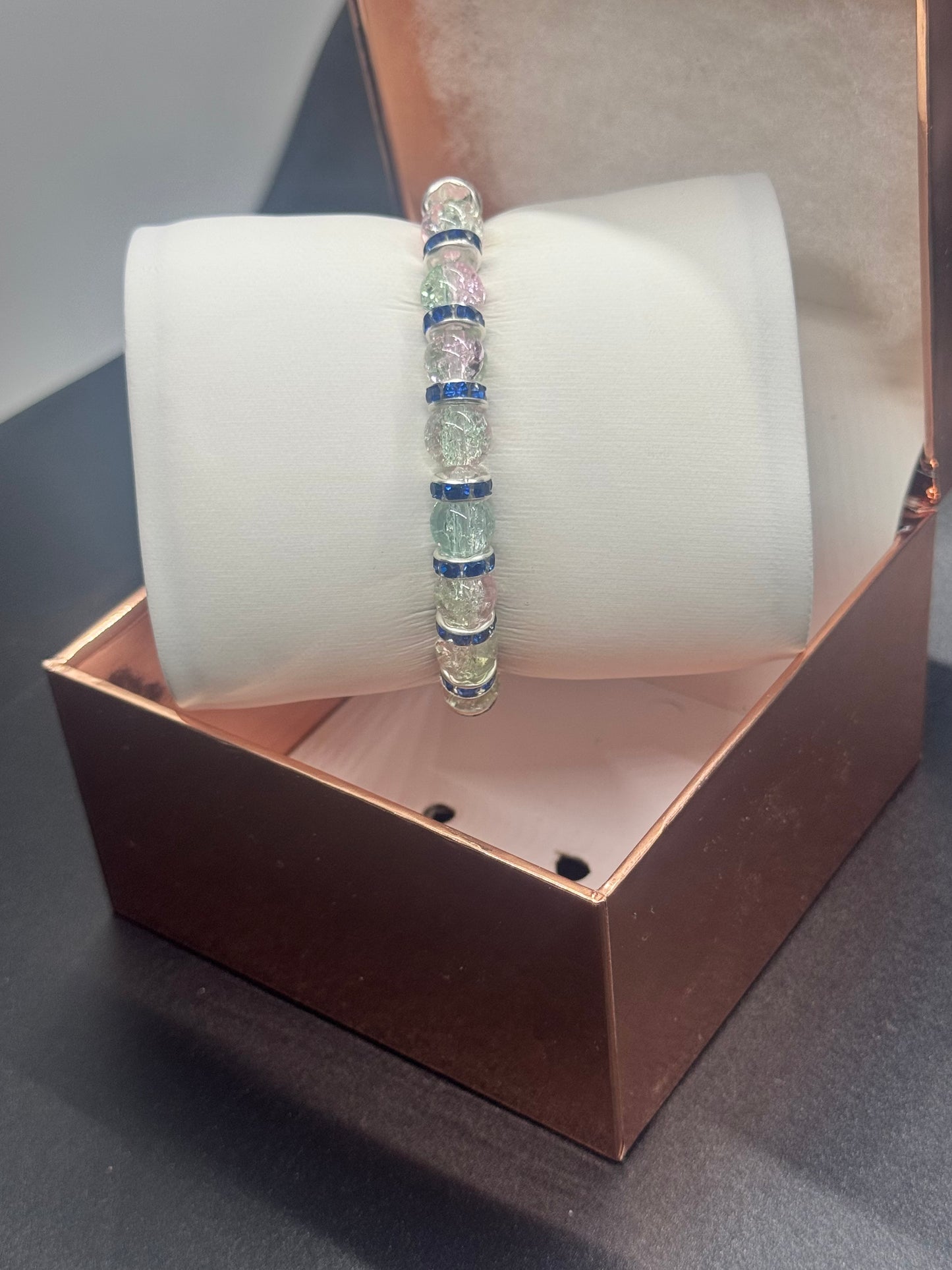 Fancy Bead Bracelet #135 – Pink, Green & Clear Crackle Beads with Crystal Spacers