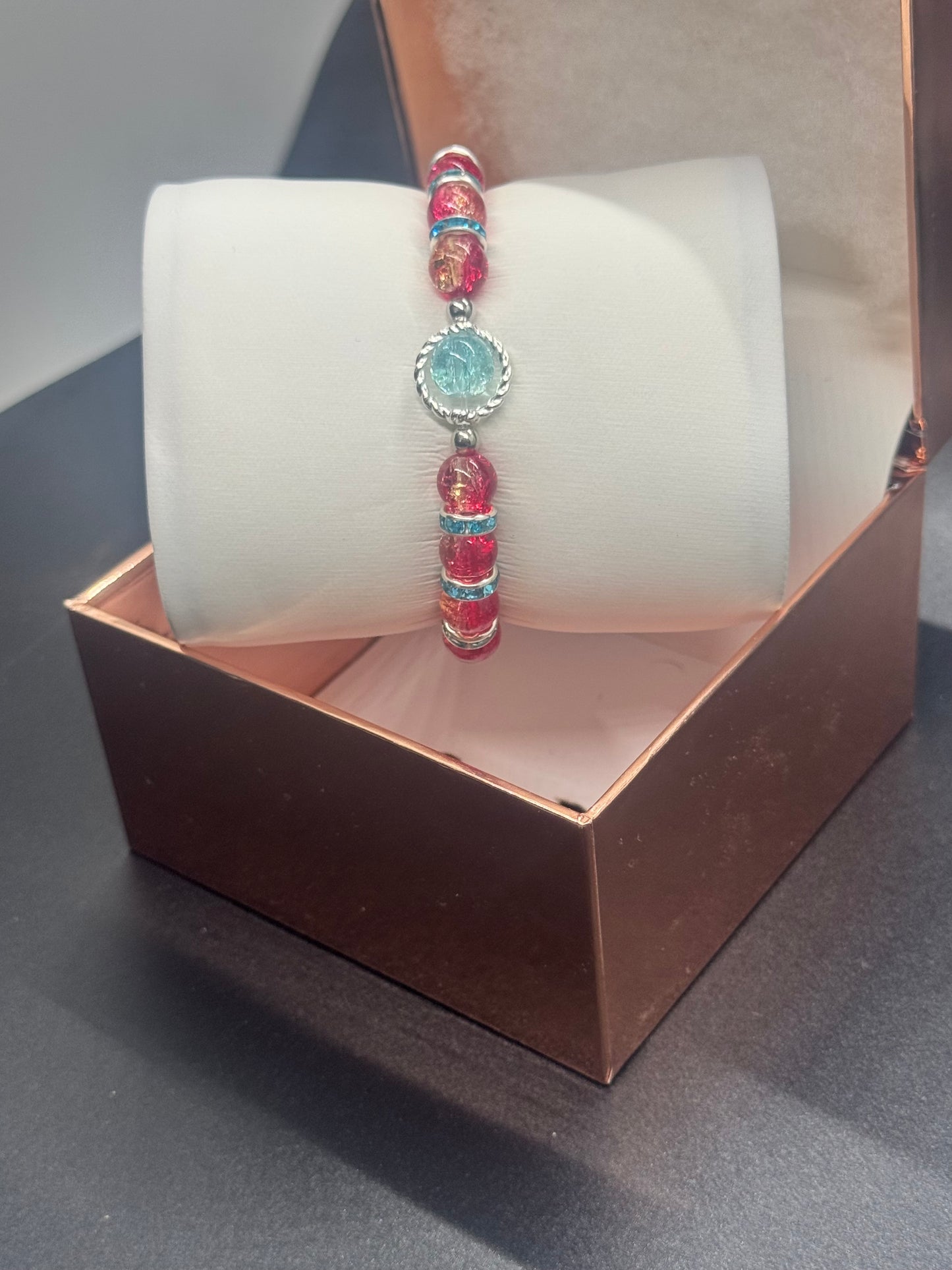 Fancy Bead Bracelet #105 – Red & Light Blue Crackle Beads