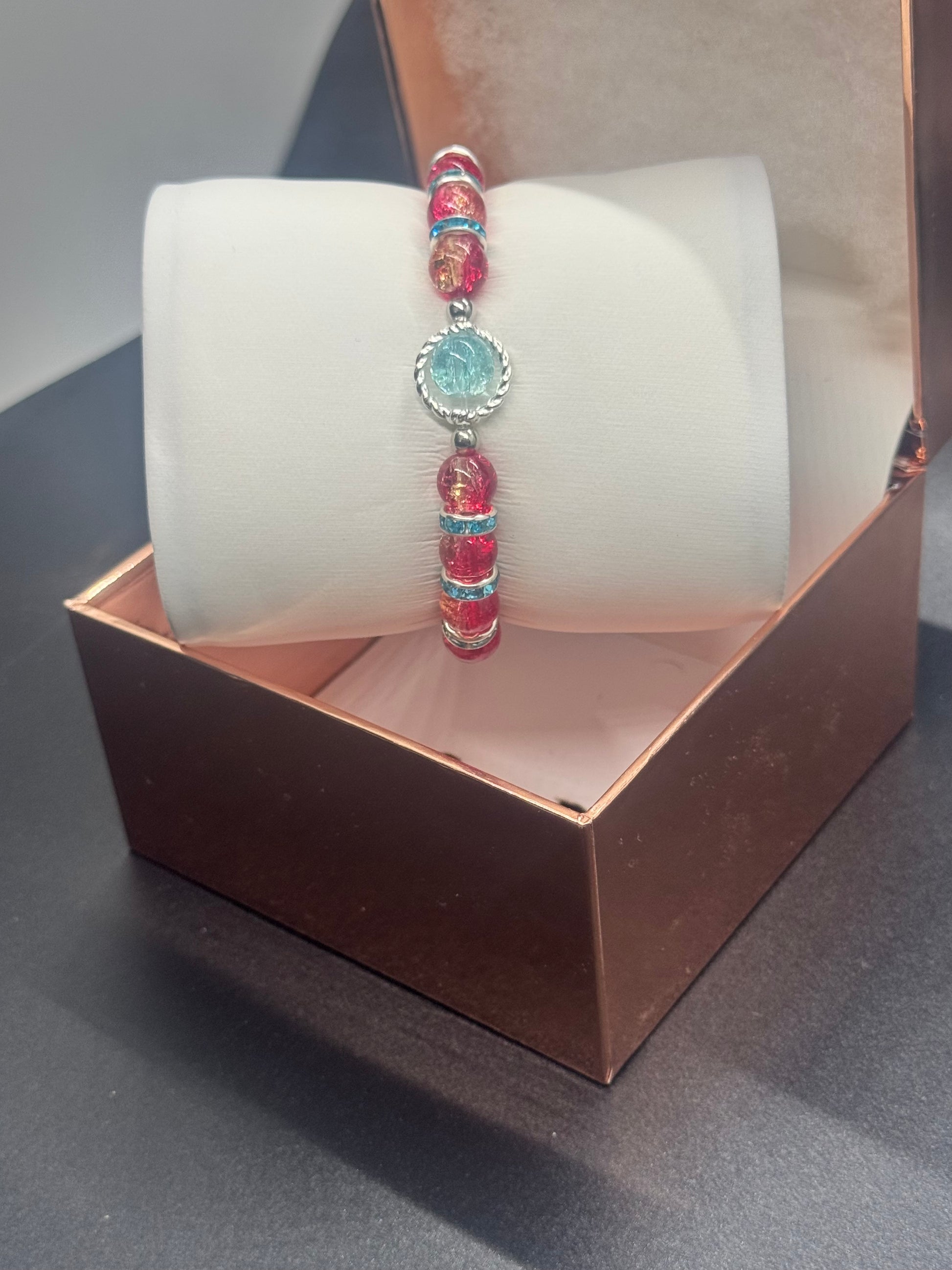 Fancy Bead Bracelet #105 – Red & Light Blue Crackle Beads