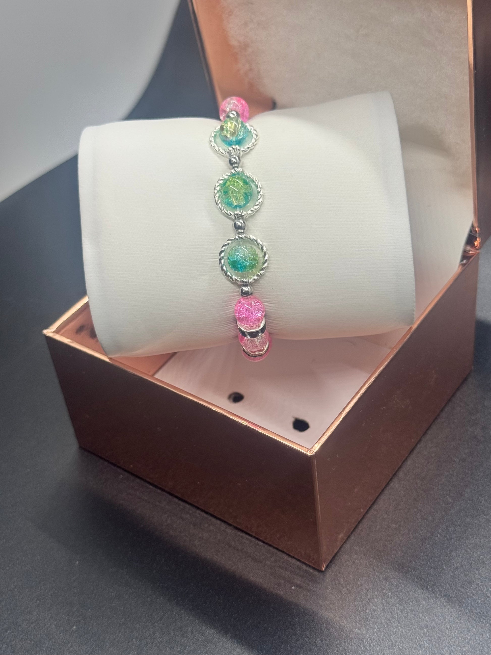 Fancy Bead Bracelet #106 – Pink, Blue & Yellow Crackle Beads