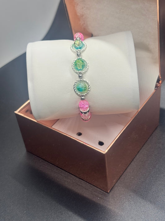 Fancy Bead Bracelet #106 – Pink, Blue & Yellow Crackle Beads