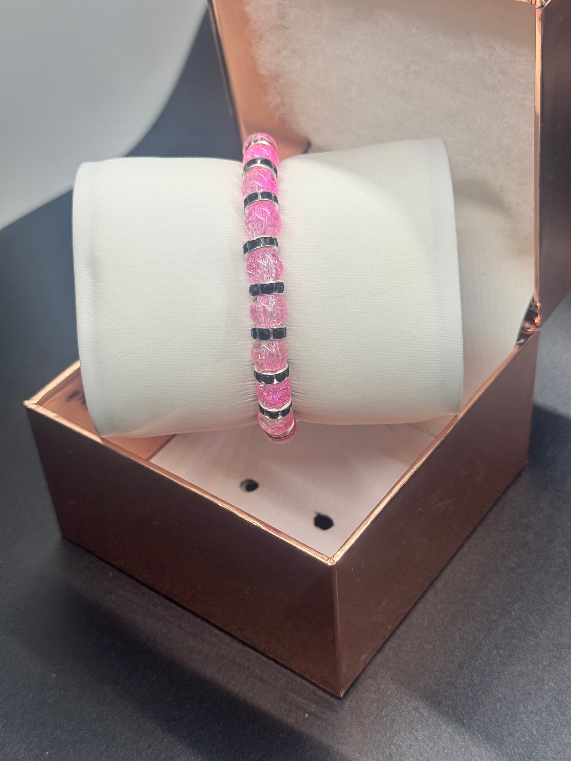 Fancy Bead Bracelet #106 – Pink, Blue & Yellow Crackle Beads