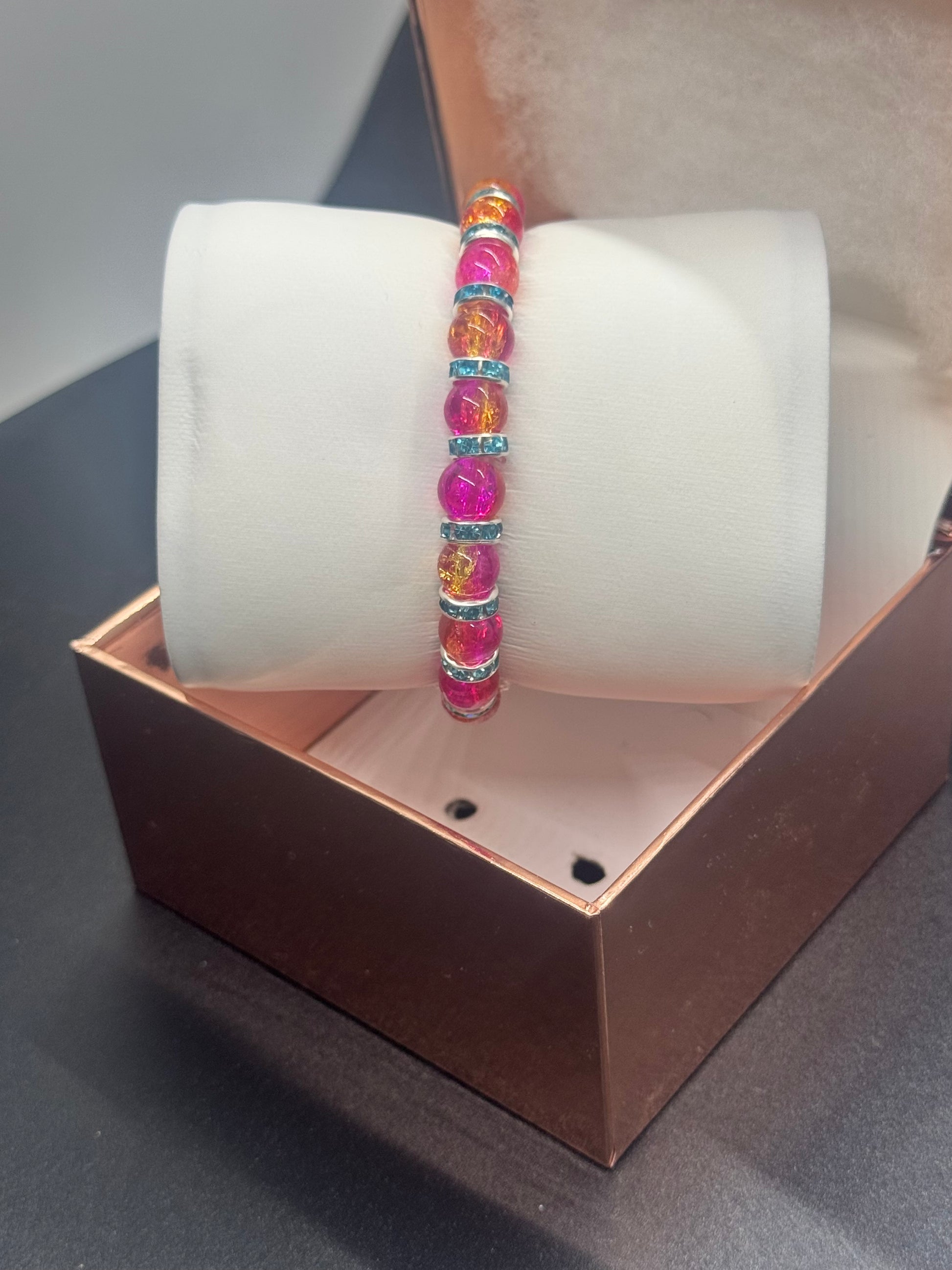 Fancy Bead Bracelet #109 – Pink, Orange & Blue Crackle Beads