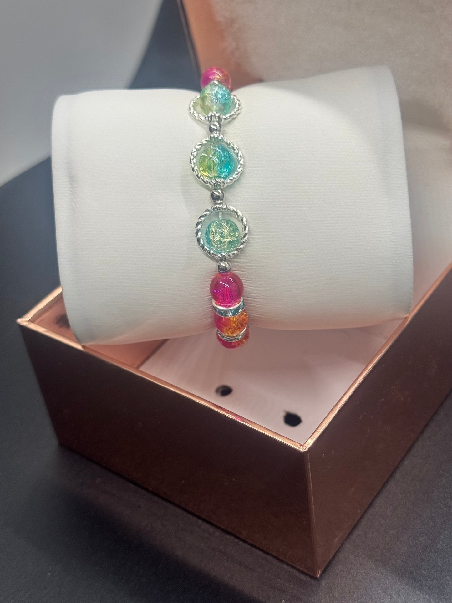 Fancy Bead Bracelet #109 – Pink, Orange & Blue Crackle Beads