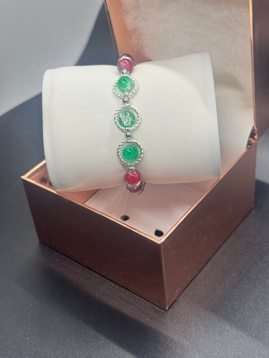 Fancy Bead Bracelet #110 – Red, Blue & Green Crackle Beads