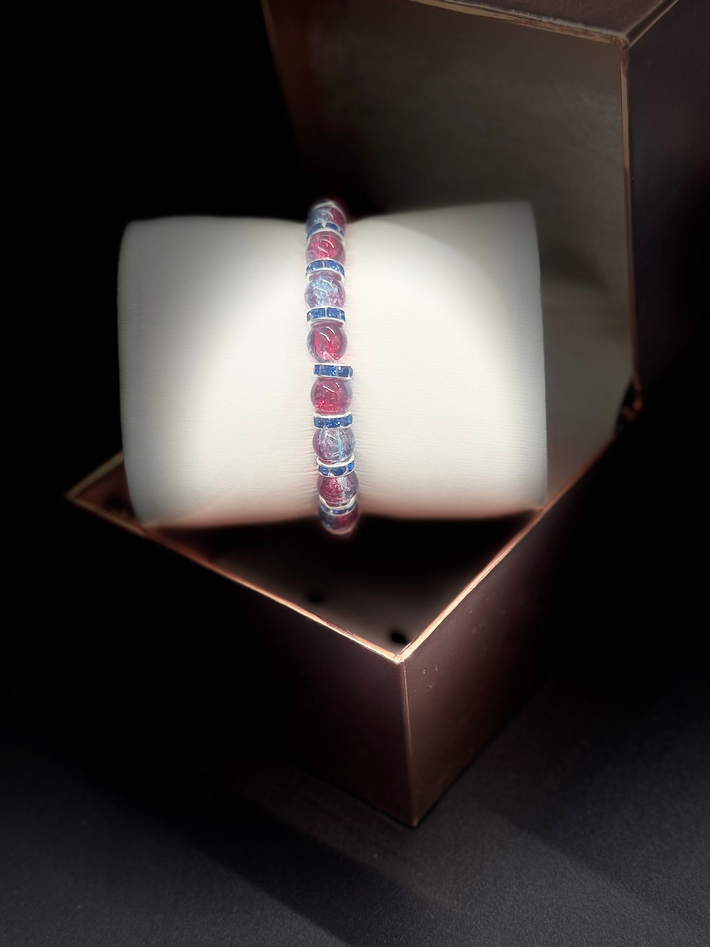 Fancy Bead Bracelet #110 – Red, Blue & Green Crackle Beads