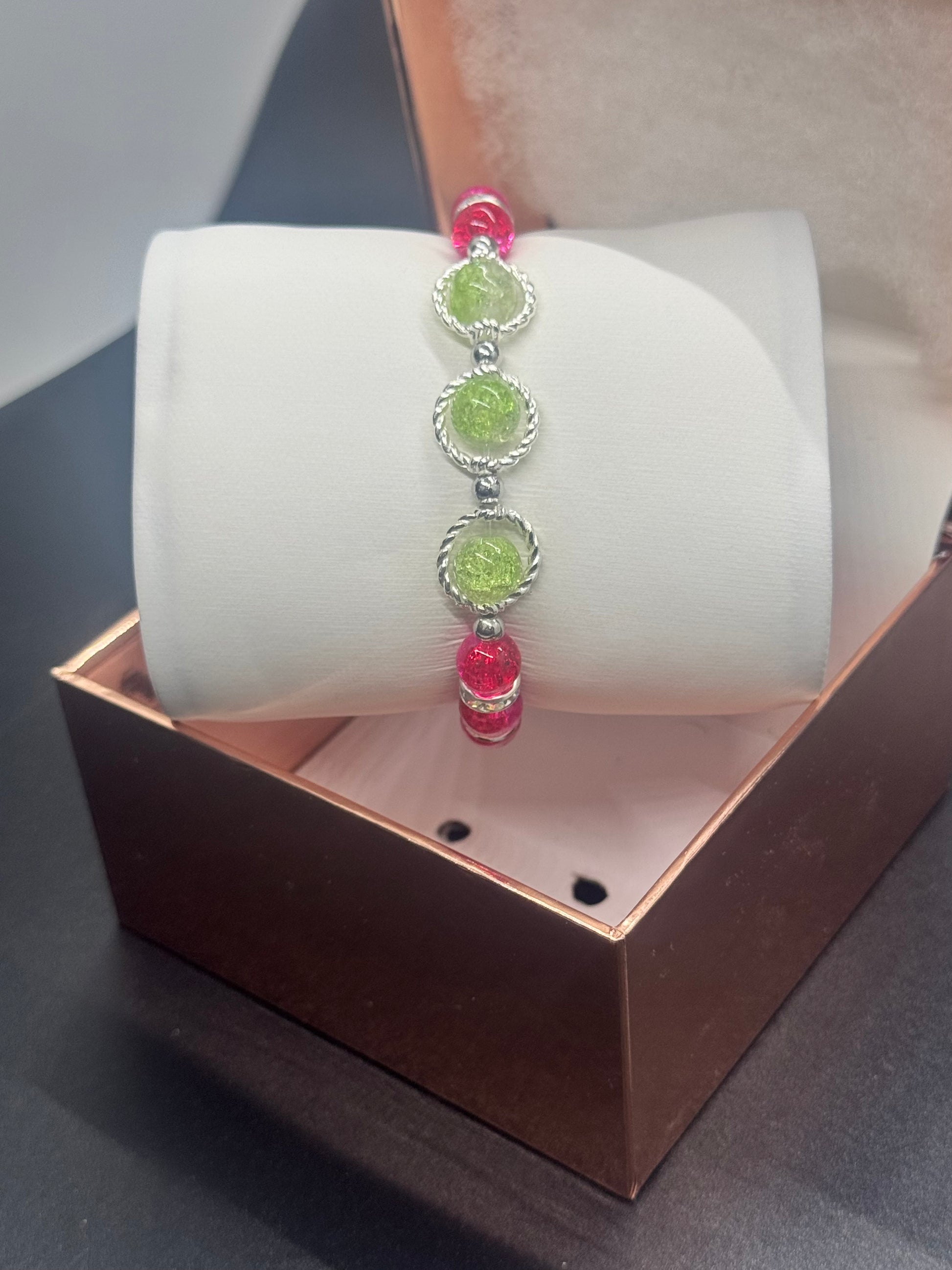 Fancy Bead Bracelet #107 – Pink & Green Crackle Beads