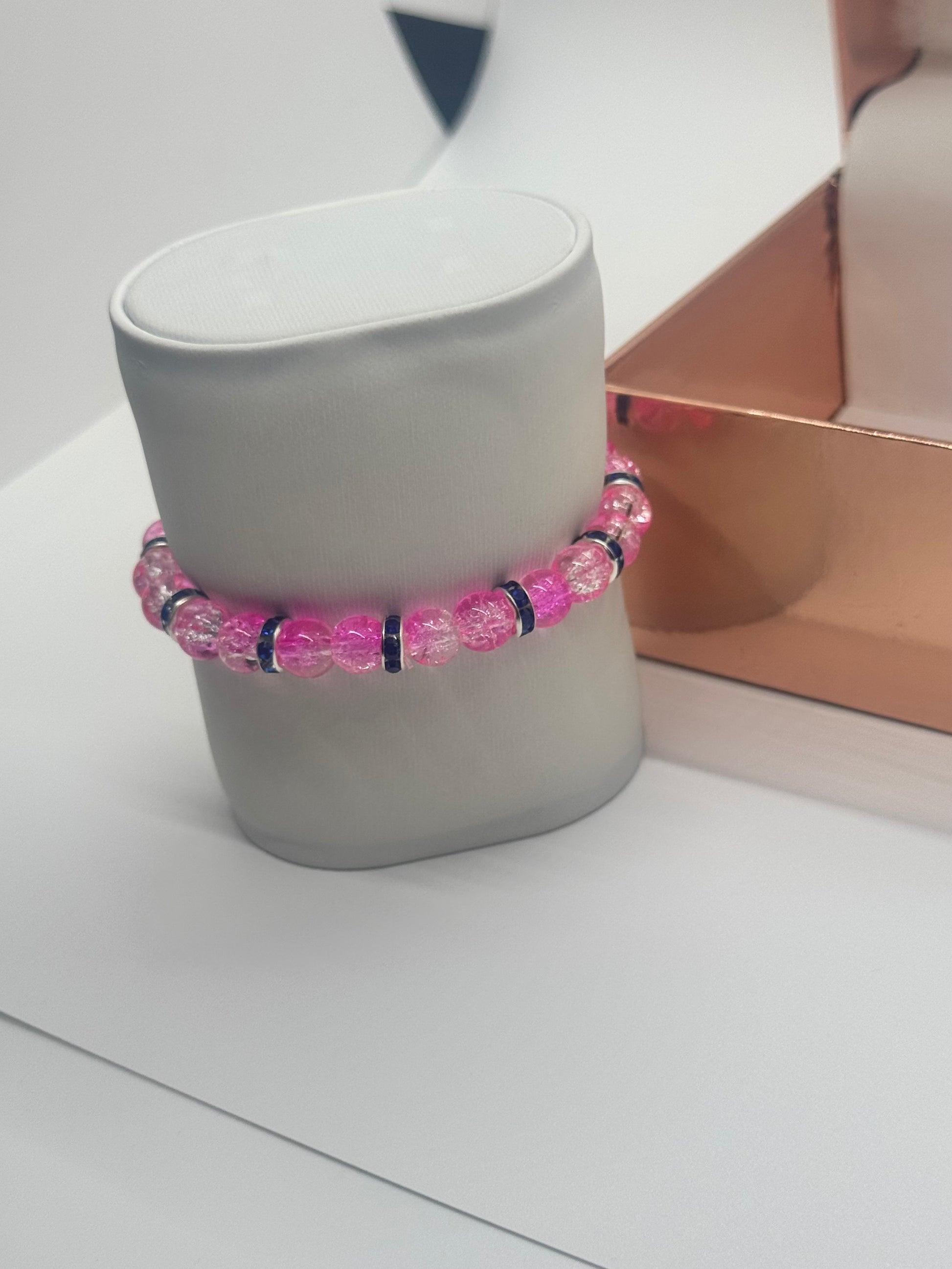 Glass Bead Bracelet #120 – Pink Crackle Beads & Blue Crystals