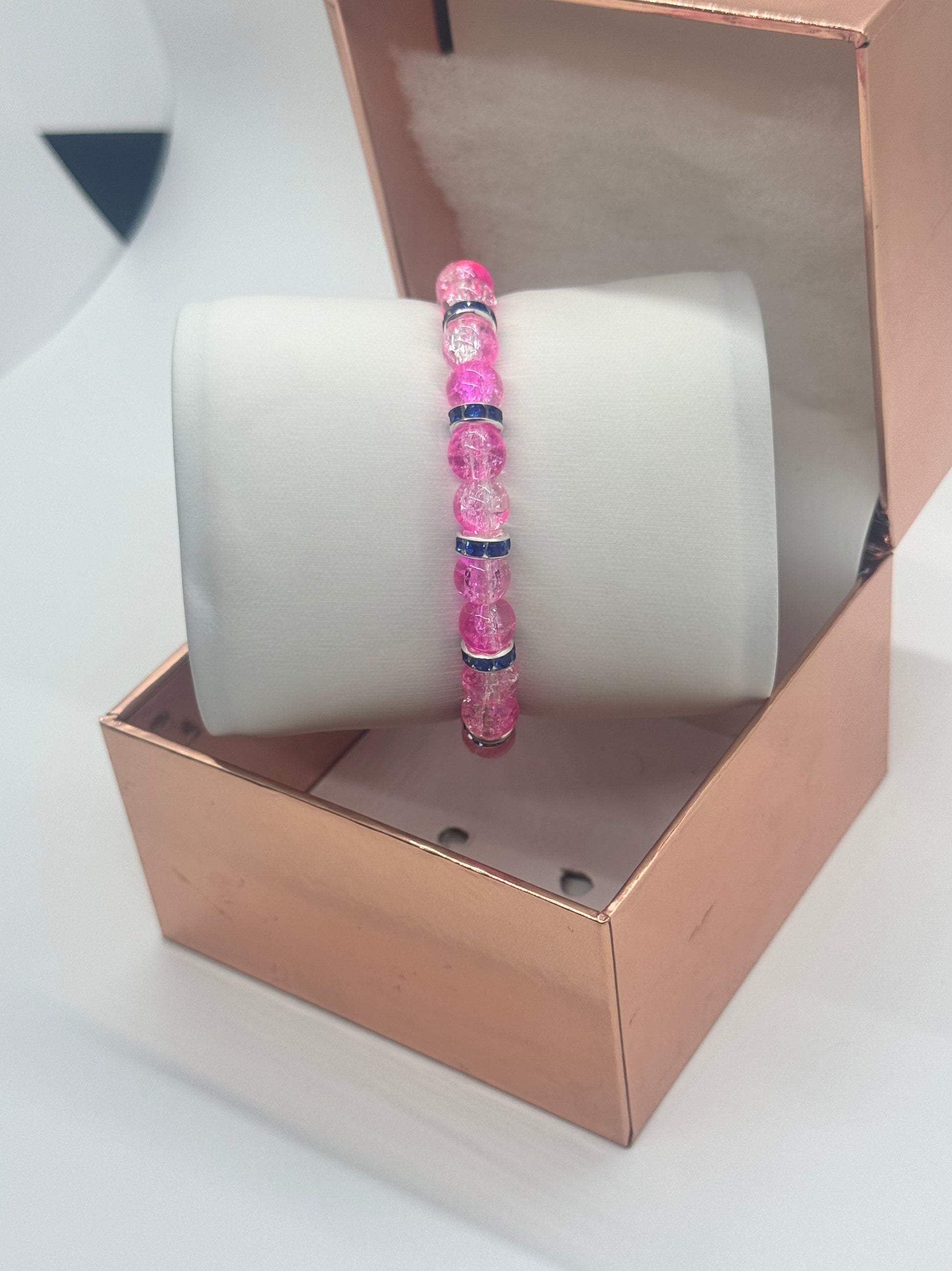 Glass Bead Bracelet #120 – Pink Crackle Beads & Blue Crystals