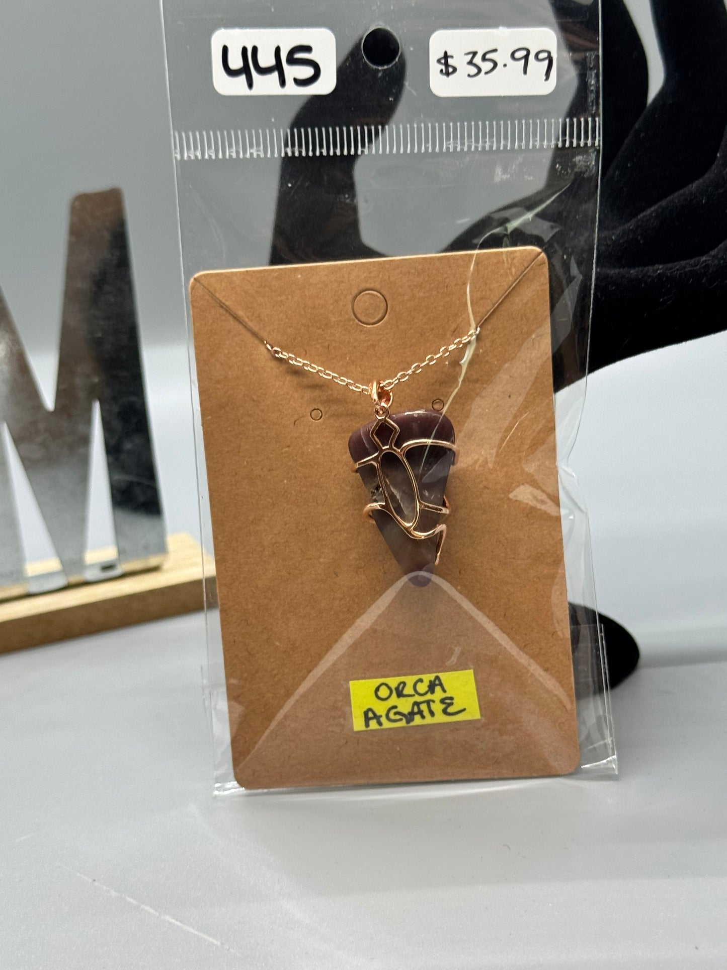 Orca Agate Necklace on 18" Rose Gold Chain #445