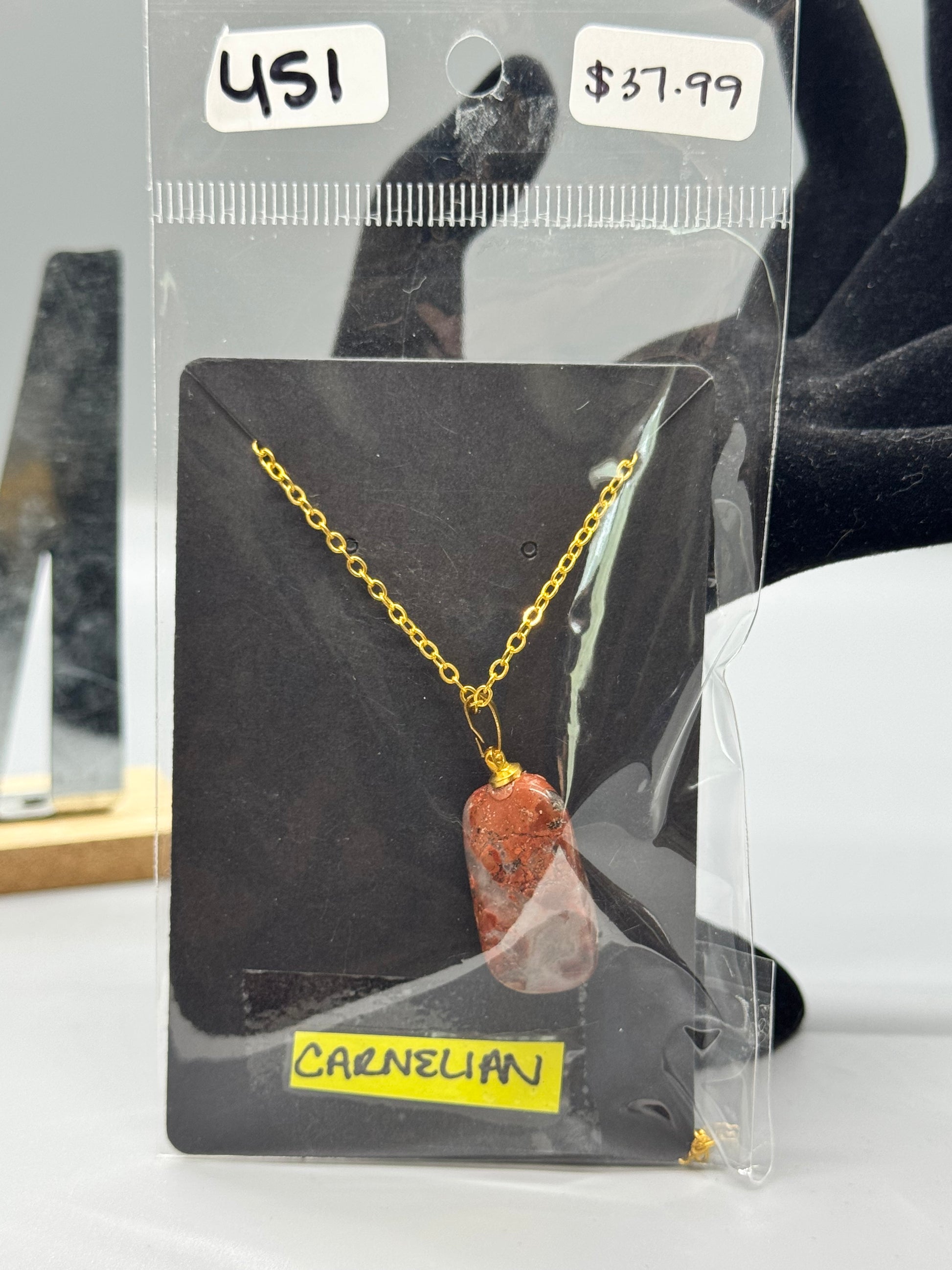 Polished Carnelian Pendant on 32" Gold Chain #451