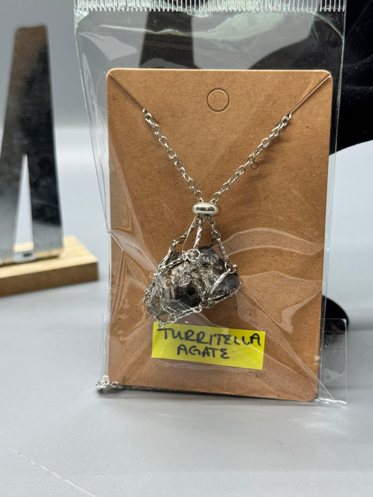 Turritella Agate Pendant on 32" Silver Chain #452