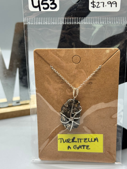 Hand-Wrapped Turritella Agate Pendant on 16" Silver Chain # 453