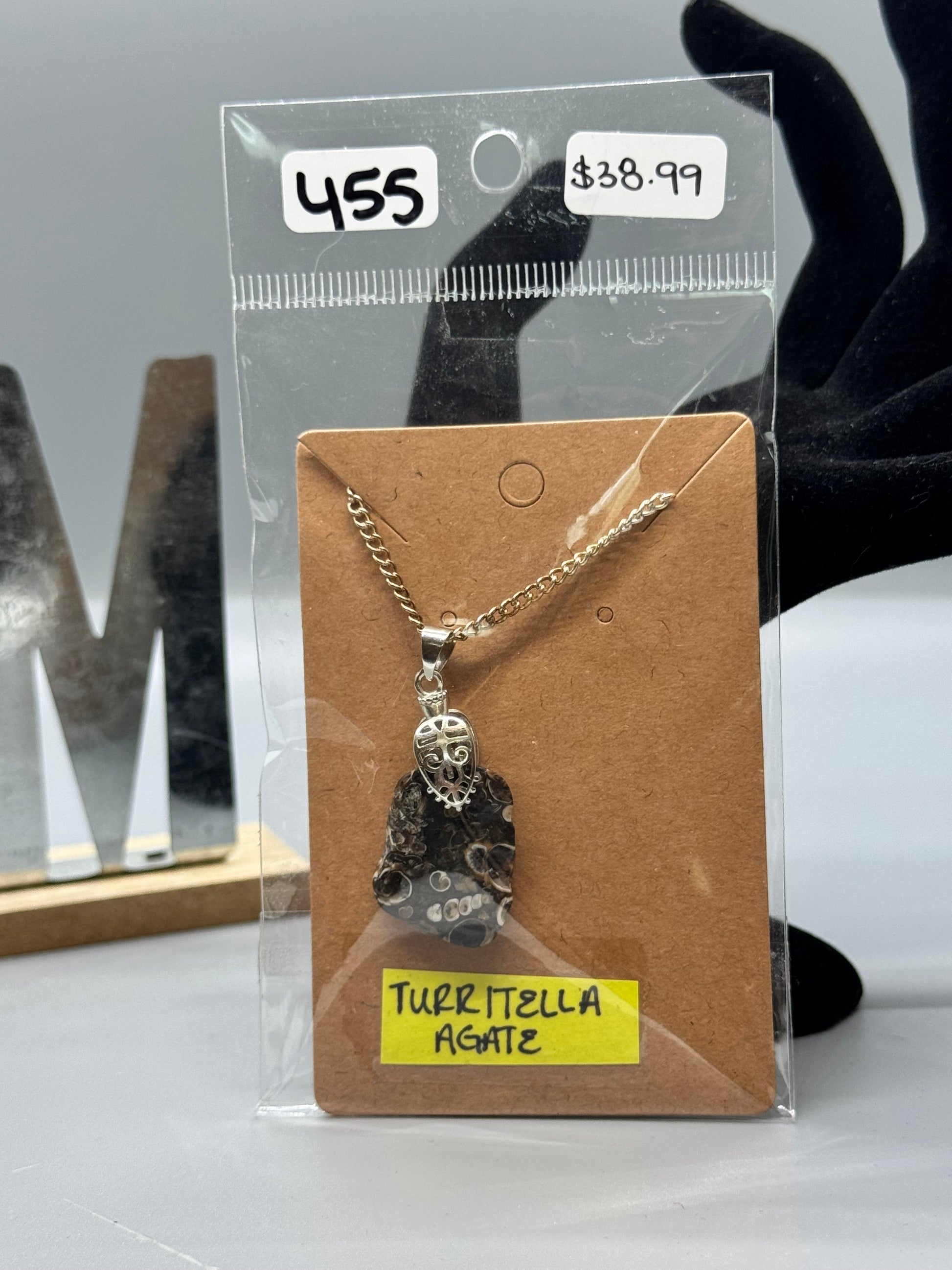 Turritella Agate Pendant on 16" Silver Chain #455