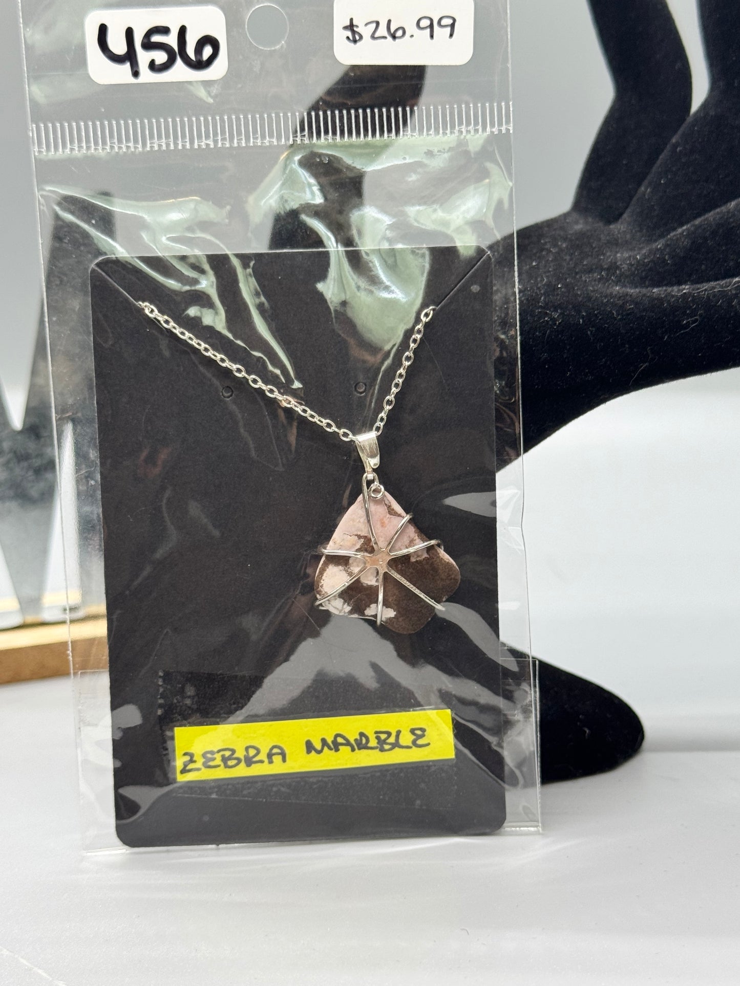 Hand-Wrapped Zebra Marble Pendant on 16" Silver Chain #456