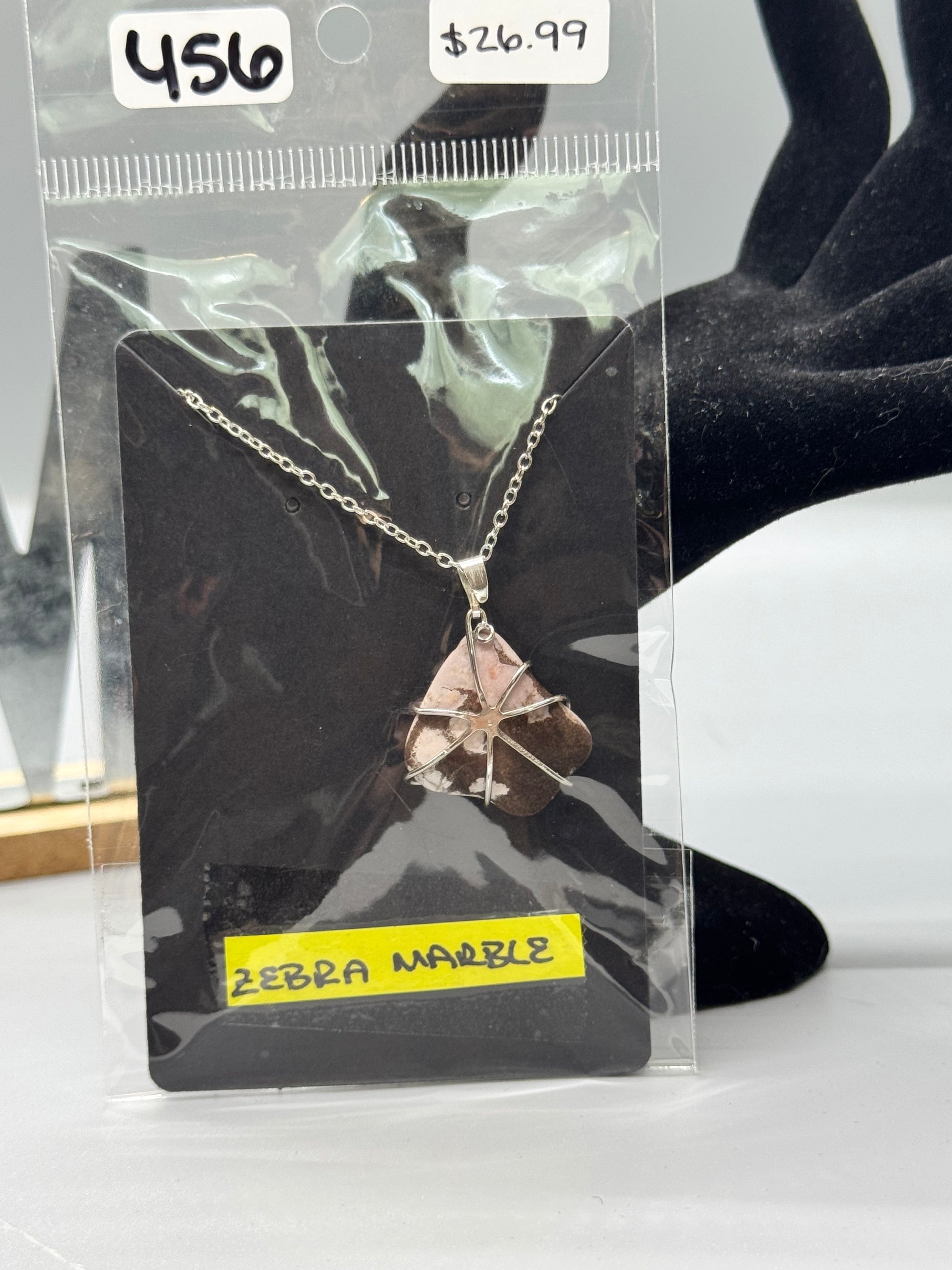 Hand-Wrapped Zebra Marble Pendant on 16" Silver Chain #456