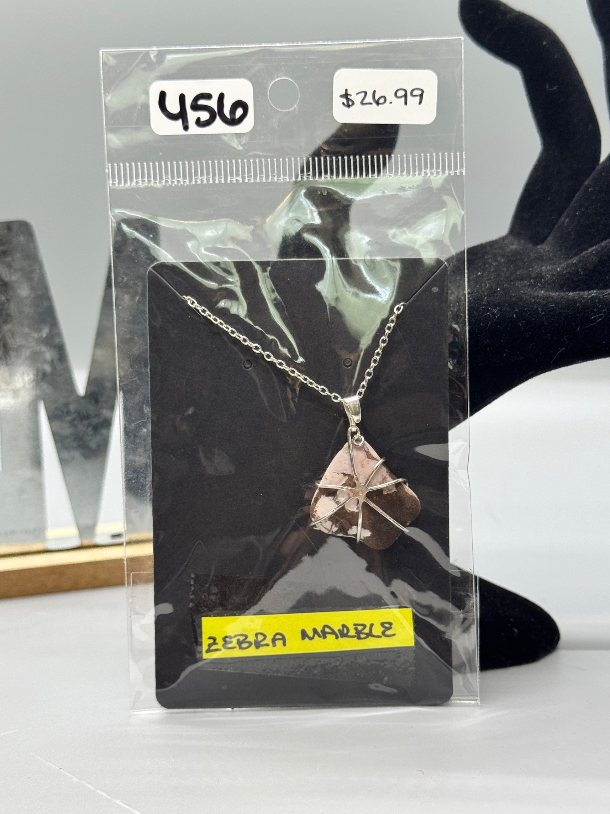 Hand-Wrapped Zebra Marble Pendant on 16" Silver Chain #456