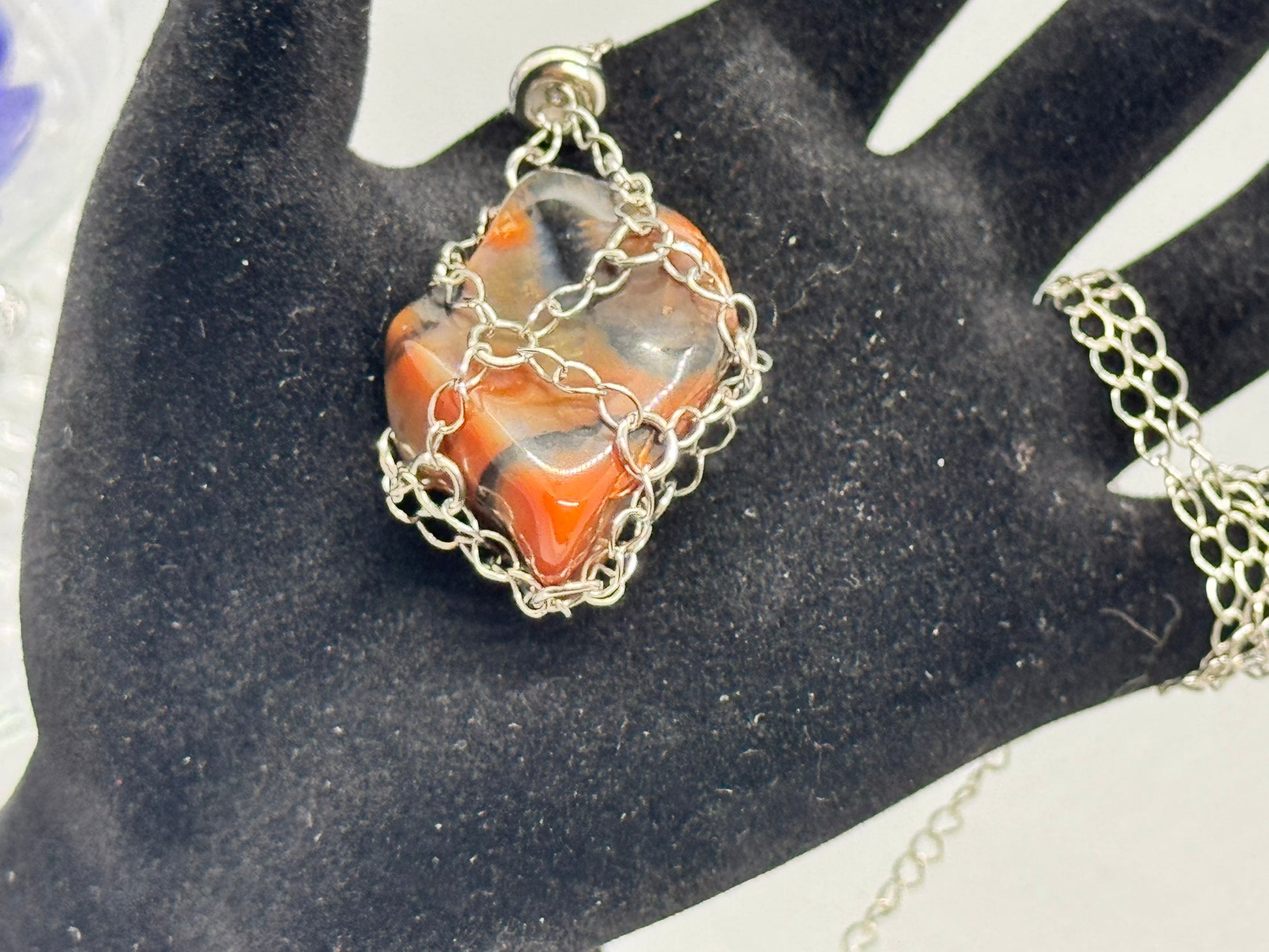Authentic Oriental Agate Necklace – 18" Silver Chain#402