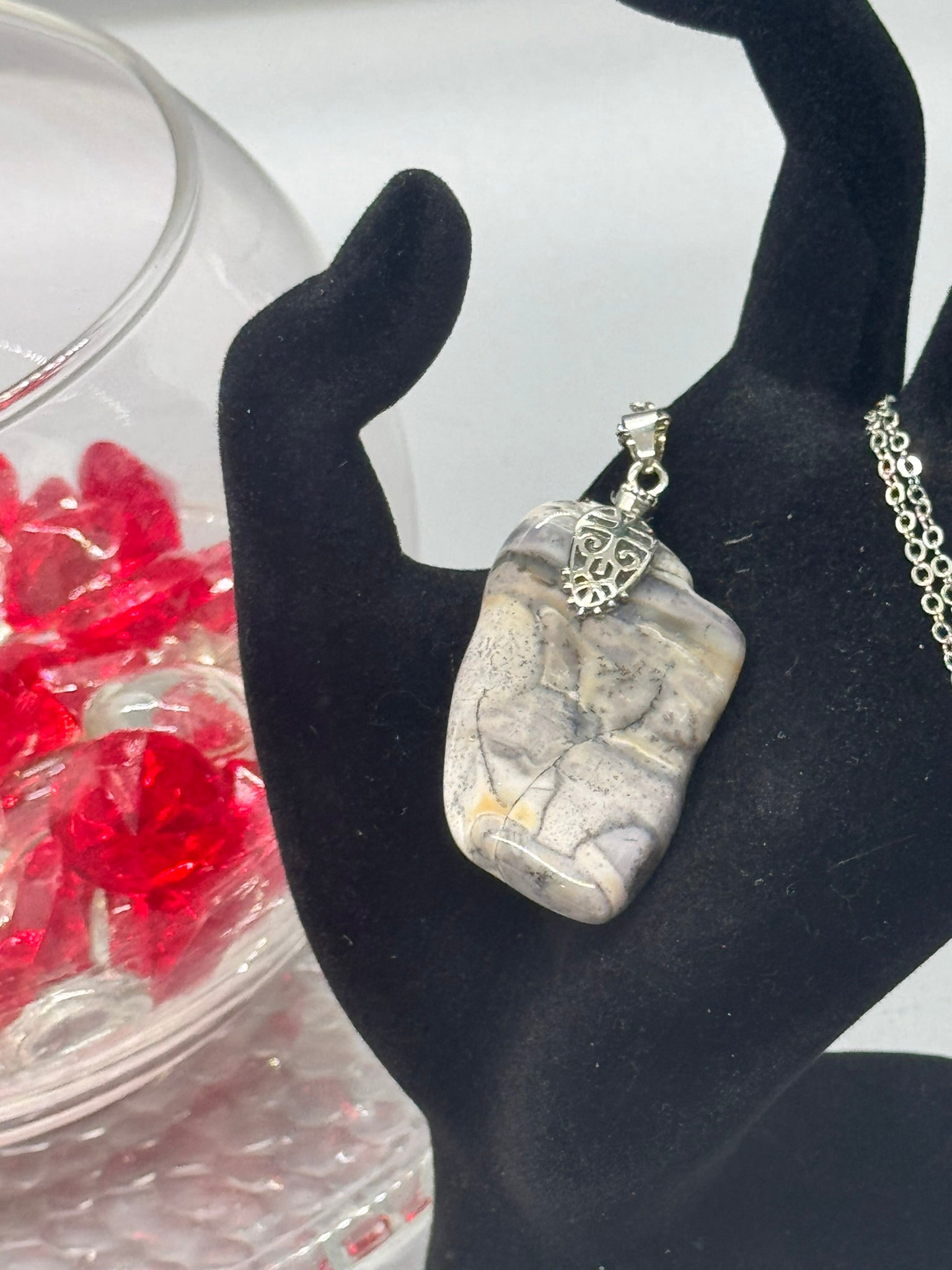 Authentic Dendritic Jasper Necklace – 26" Silver Chain # 406