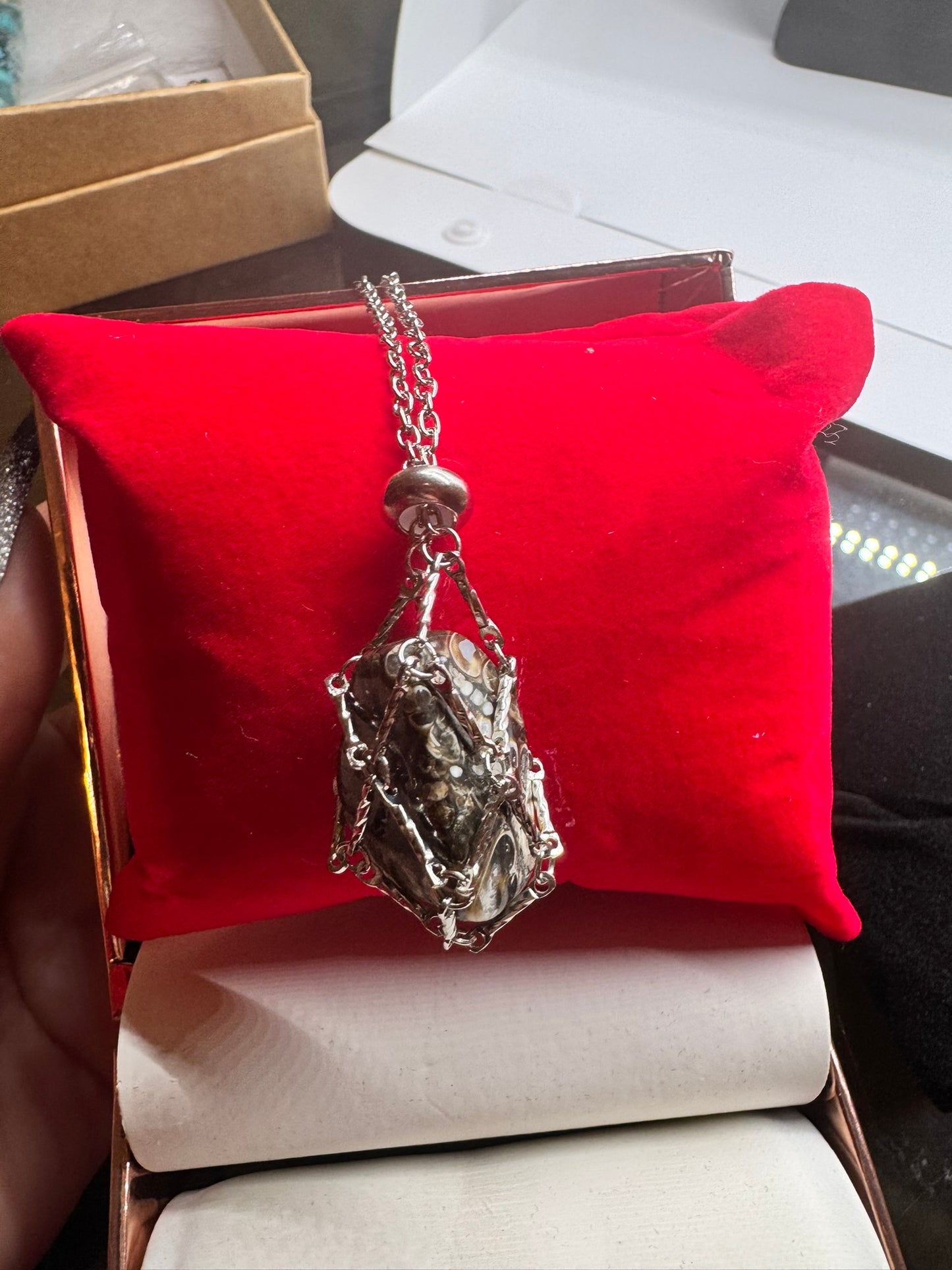 Authentic Turritella Agate Necklace – 30" Silver Chain # 408
