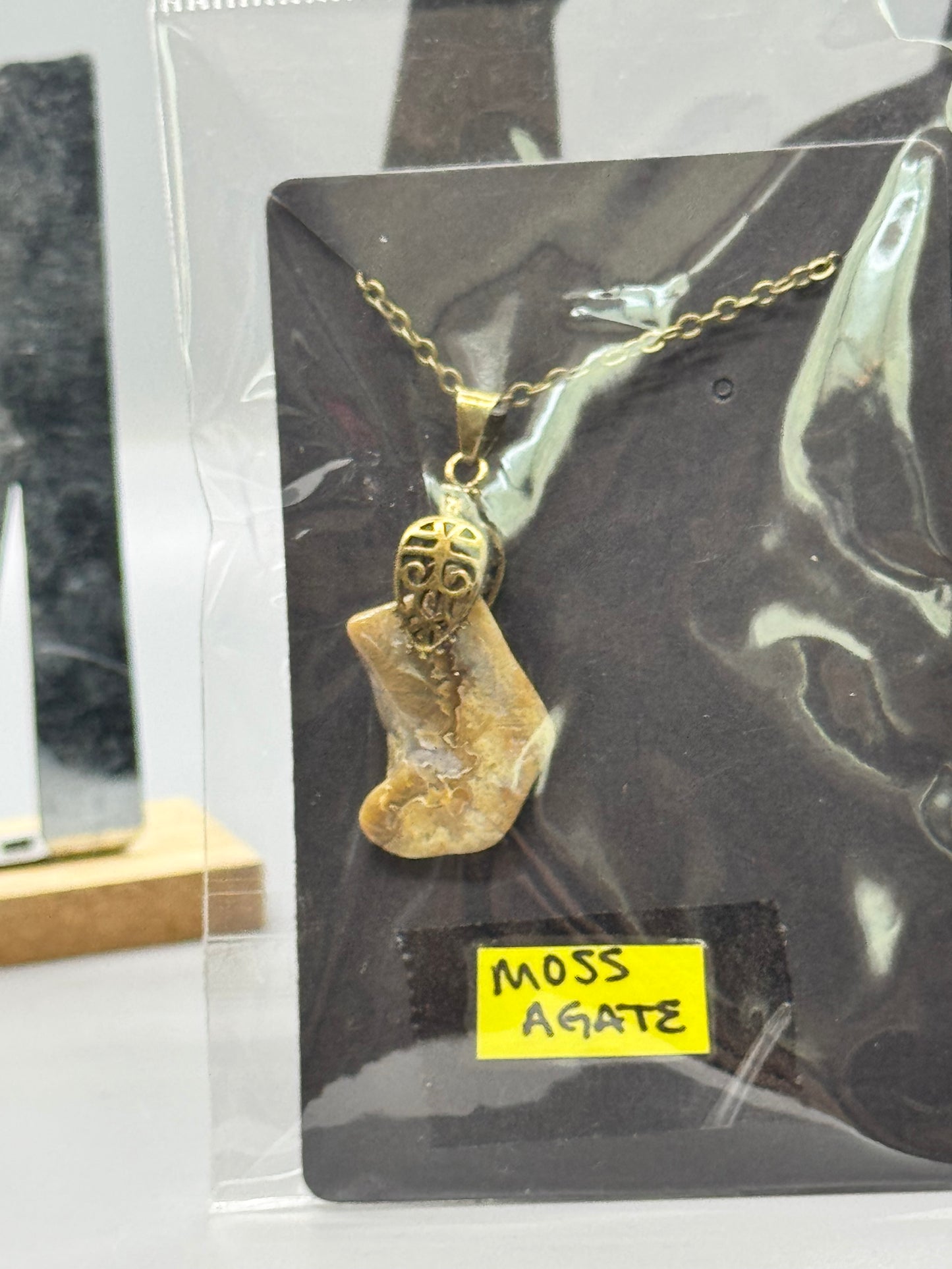 Moss Agate Pendant on 32" Antique Copper Chain #471