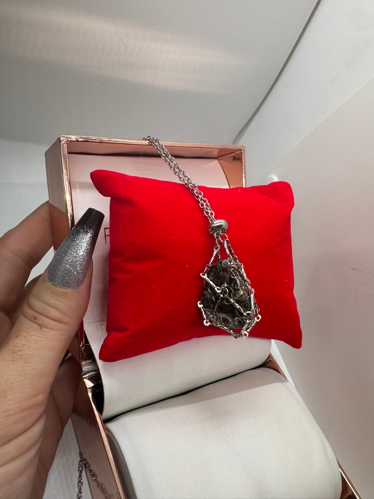 Authentic Turritella Agate Necklace – 30" Silver Chain # 408