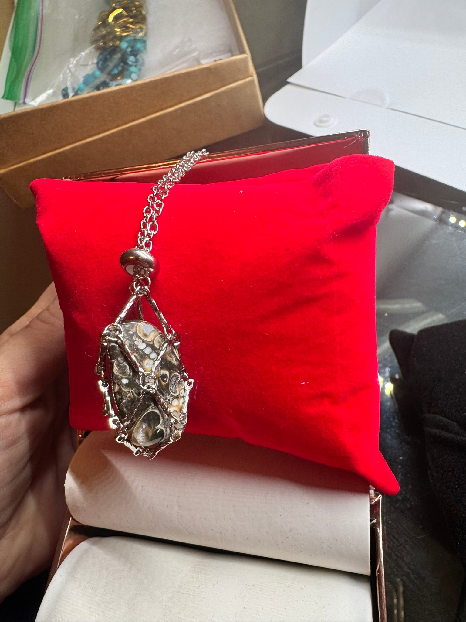 Authentic Turritella Agate Necklace – 30" Silver Chain # 408
