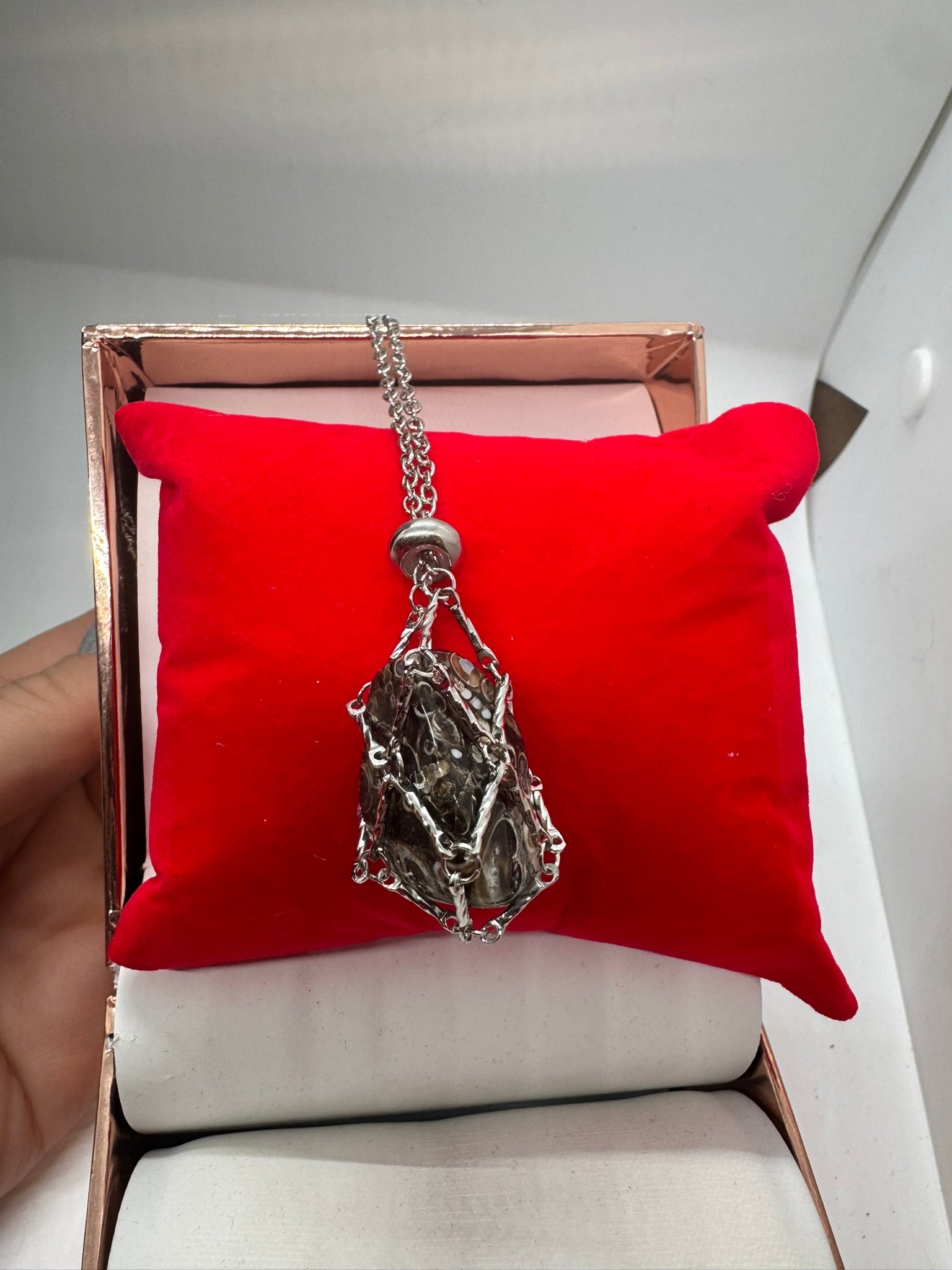 Authentic Turritella Agate Necklace – 30" Silver Chain # 408
