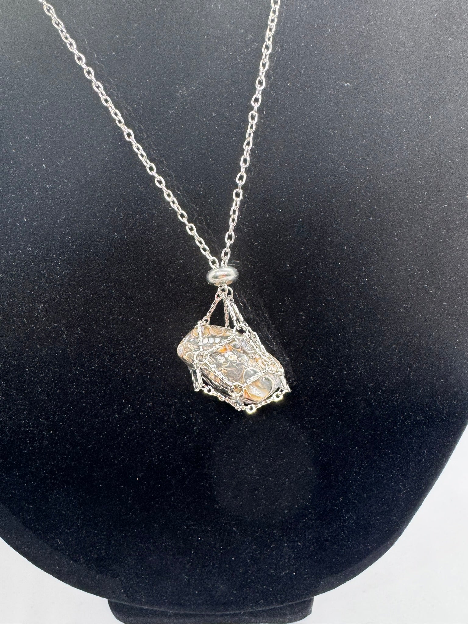 Authentic Turritella Agate Necklace – 30" Silver Chain # 408