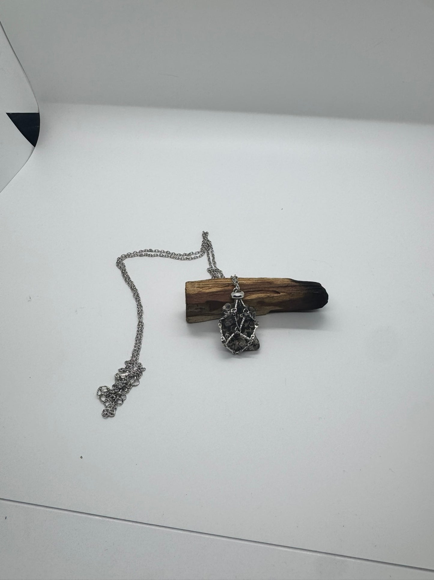 Authentic Turritella Agate Necklace – 32" Silver Chain # 411