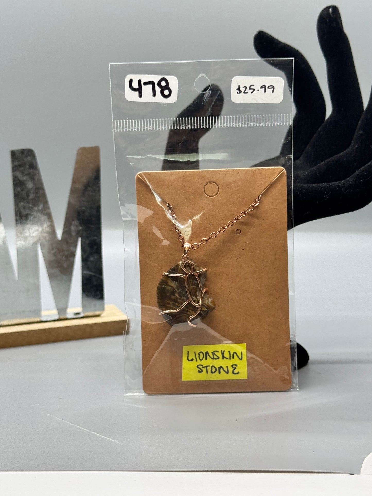 Lion Skin Stone Necklace on 16" Rose Gold Chain # 478