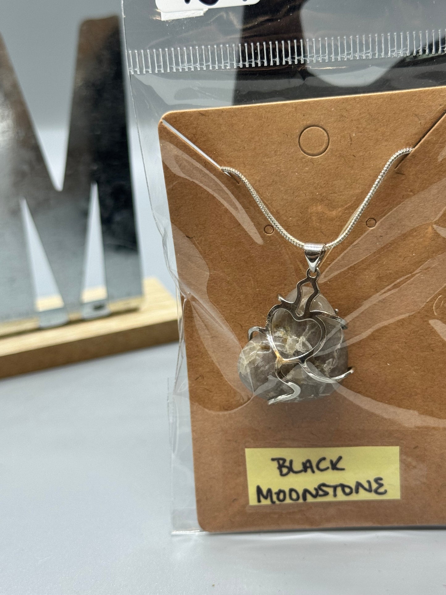 Black Moonstone Necklace on 925 Sterling Chain # 489